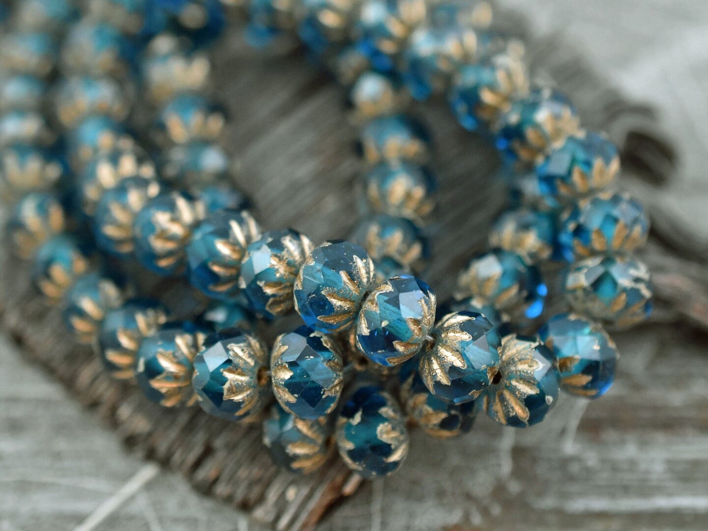 *25* 6x9mm Etched Gold Washed Pacific Blue Cruller Rondelle Beads