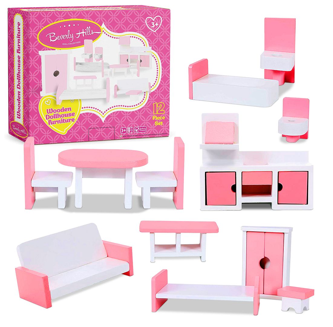 Beverly Hills Doll Collection Wooden Dollhouse Furniture Set for Kids -  Miniature Dollhouse Accessories 24PCS Doll House Furnishings with Kitchen,  Living Room, Bedroom, and Bathroom for Doll Family