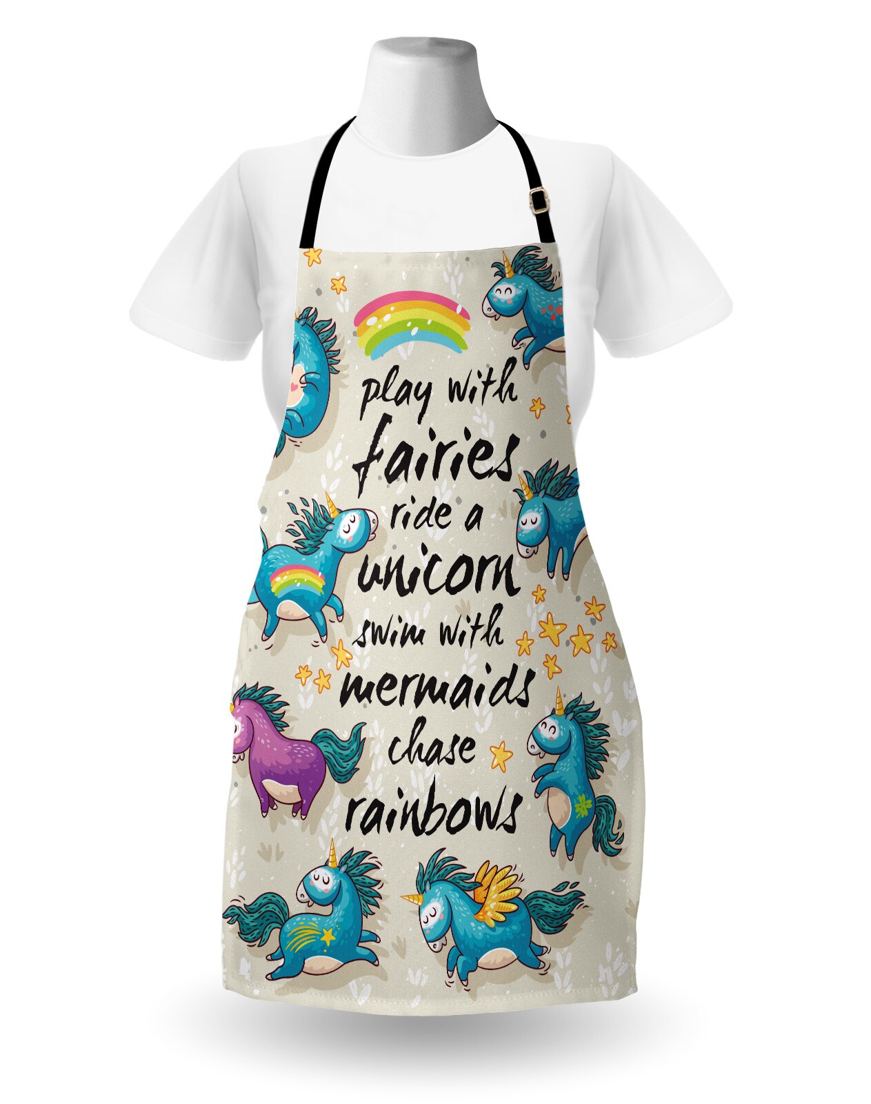 Ambesonne Cartoon Apron, Mythical Unicorns Stars and Rainbow Creature Theme Print, Unisex Kitchen Bib with Adjustable Neck for Cooking Gardening, Adult Size, Beige Teal Blue