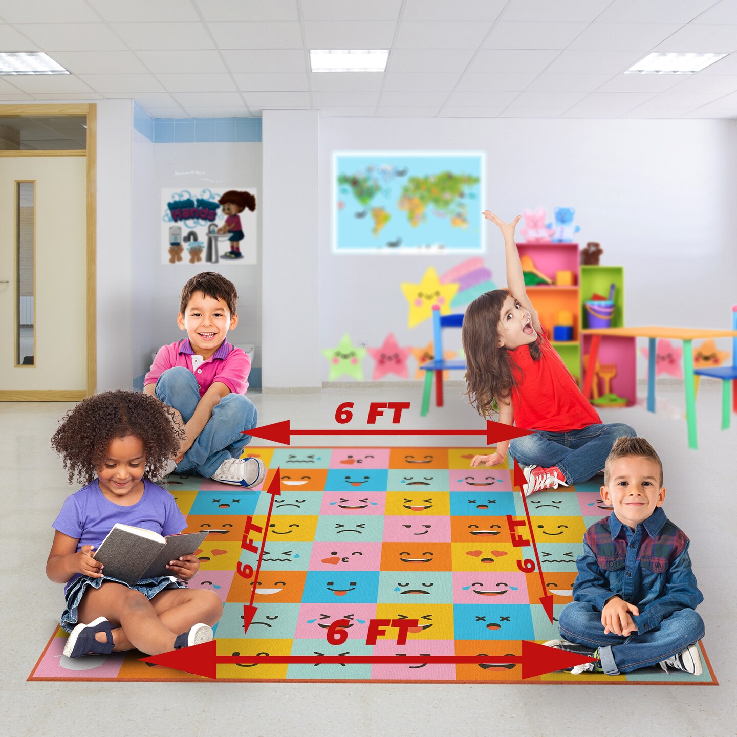 Deerlux 6 ft. Social Distancing Colorful Kids Classroom Seating Area Rug, Emoji Mask Design