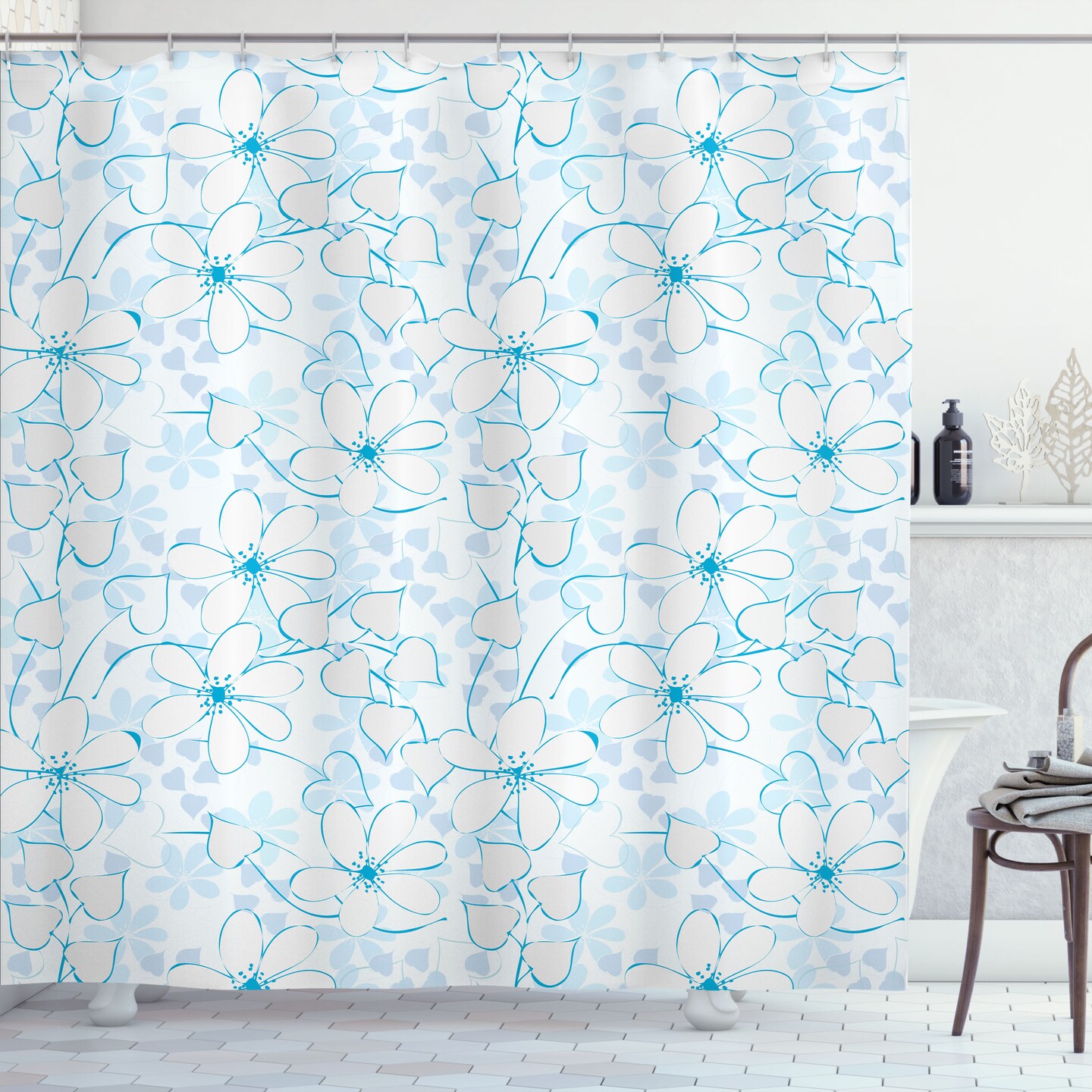 Ambesonne Blue Shower Curtain, Abstract Flowers with Heart Shaped Leaves  Romantic Fresh Beauty in Nature, Cloth Fabric Bathroom Decor Set with Hooks,  69 W x 70 L, Pale Blue Aqua White