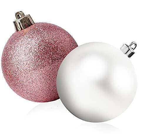 R N&#x27; D Toys 100 Pink and White Christmas Ornament Balls Shatterproof + 100 Metal Ornament Hooks, Hanging Ornaments for Indoor/Outdoor Christmas Tree, Holiday Party, Home D&#xE9;cor