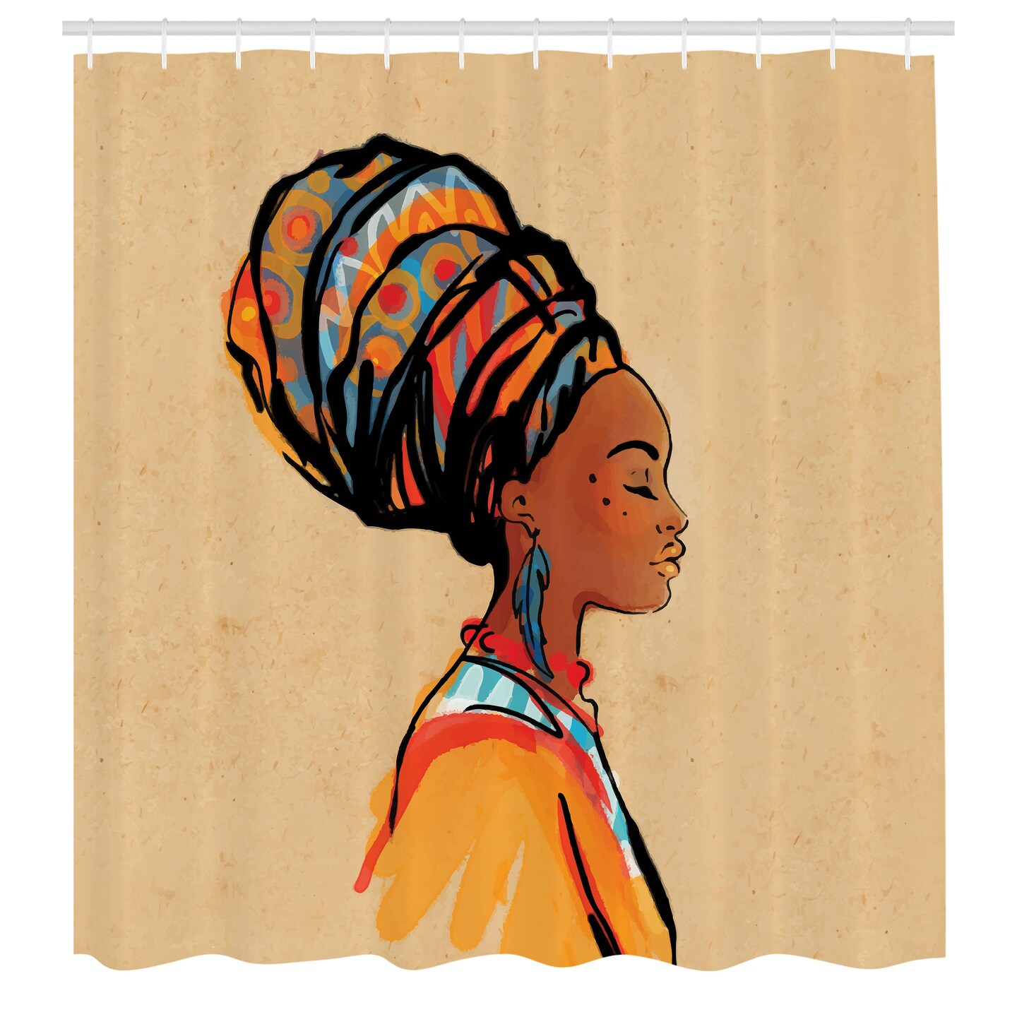 Ambesonne African Shower Curtain, Woman Exotic Feather Earring and Scarf Zulu Hippie Art, Cloth Fabric Bathroom Decor Set with Hooks, 69&#x22; W x 84&#x22; L, Caramel and Marigold