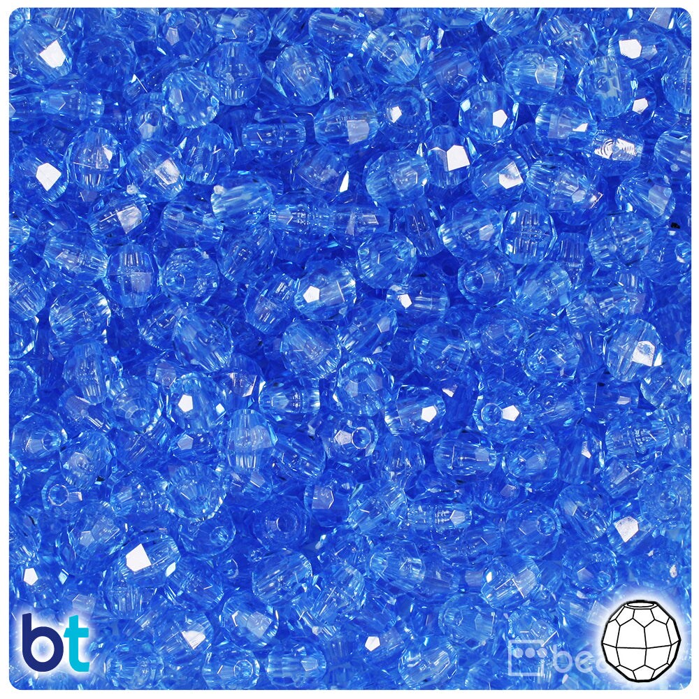 BeadTin Medium Sapphire Transparent 6mm Faceted Round Plastic Craft Beads (600pcs)