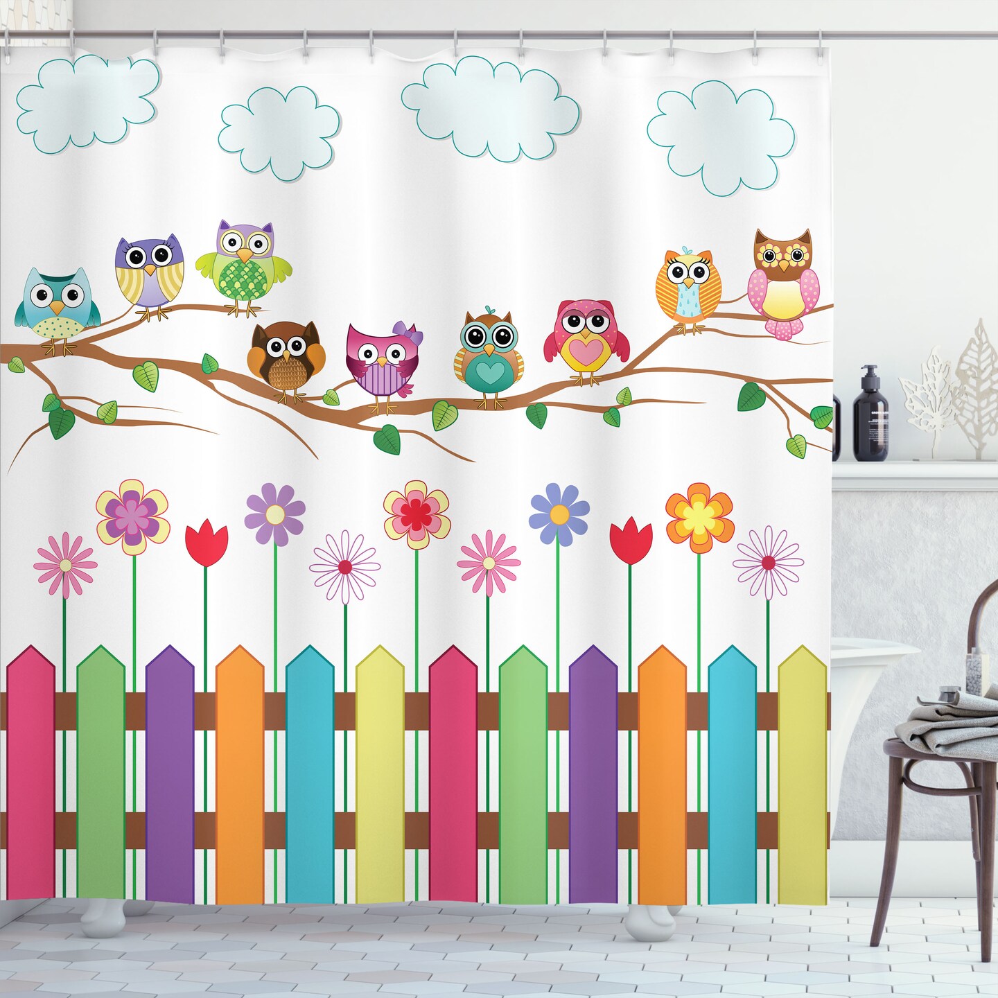 Ambesonne Owls Shower Curtain, Owls on a Branch Sunny Day in Countryside Farmhouse Fences Wildflowers Holidays Art, Cloth Fabric Bathroom Decor Set with Hooks, 69&#x22; W x 70&#x22; L, Multicolor White Brown