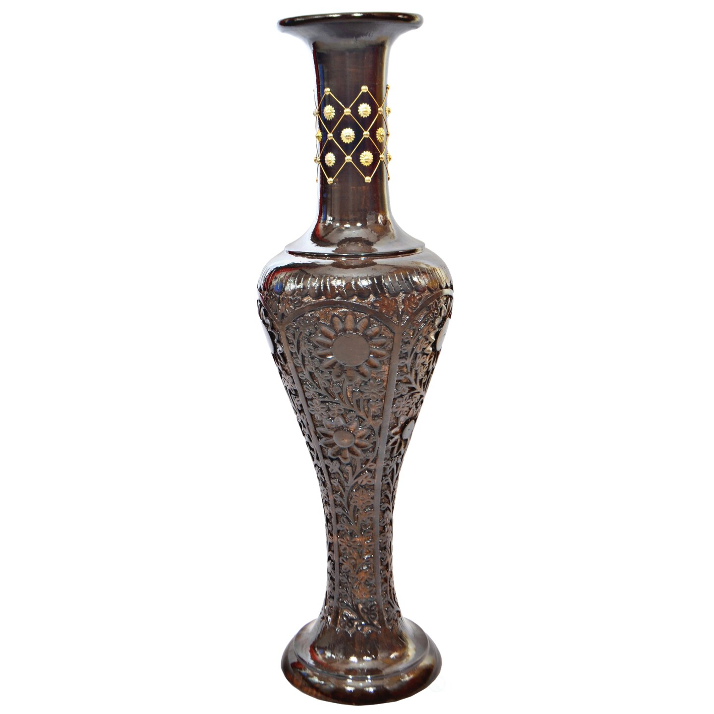 Antique Decorative Brown Hand Curved Mango Wood Floor Flower Vase with Unique Textured Pattern