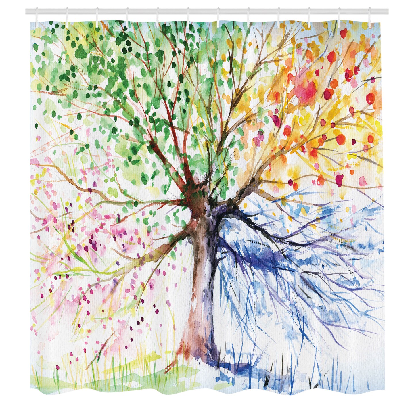 Ambesonne Tree Shower Curtain, Watercolor Style Drawing Art with Colorful Blooming Branches 4 Seasons Theme Printed, Cloth Fabric Bathroom Decoration for Home Set with Hooks, 69&#x22; W x 75&#x22; L White Green