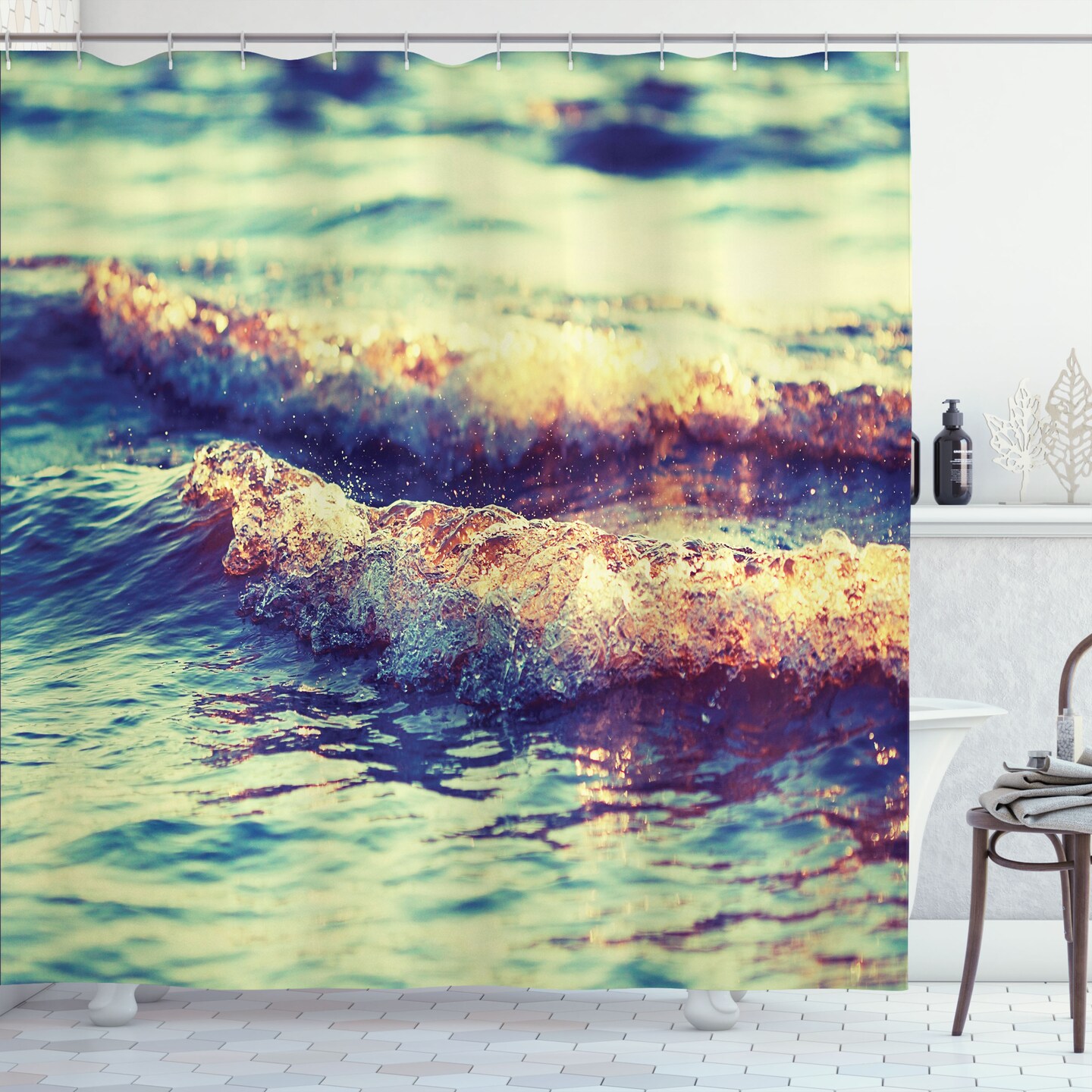 Ambesonne Wave Shower Curtain, MacroPhotography of Little Swirling Wave on Ocean with Blurred Background, Cloth Fabric Bathroom Decor Set with Hooks, 69&#x22; W x 70&#x22; L, Multicolor
