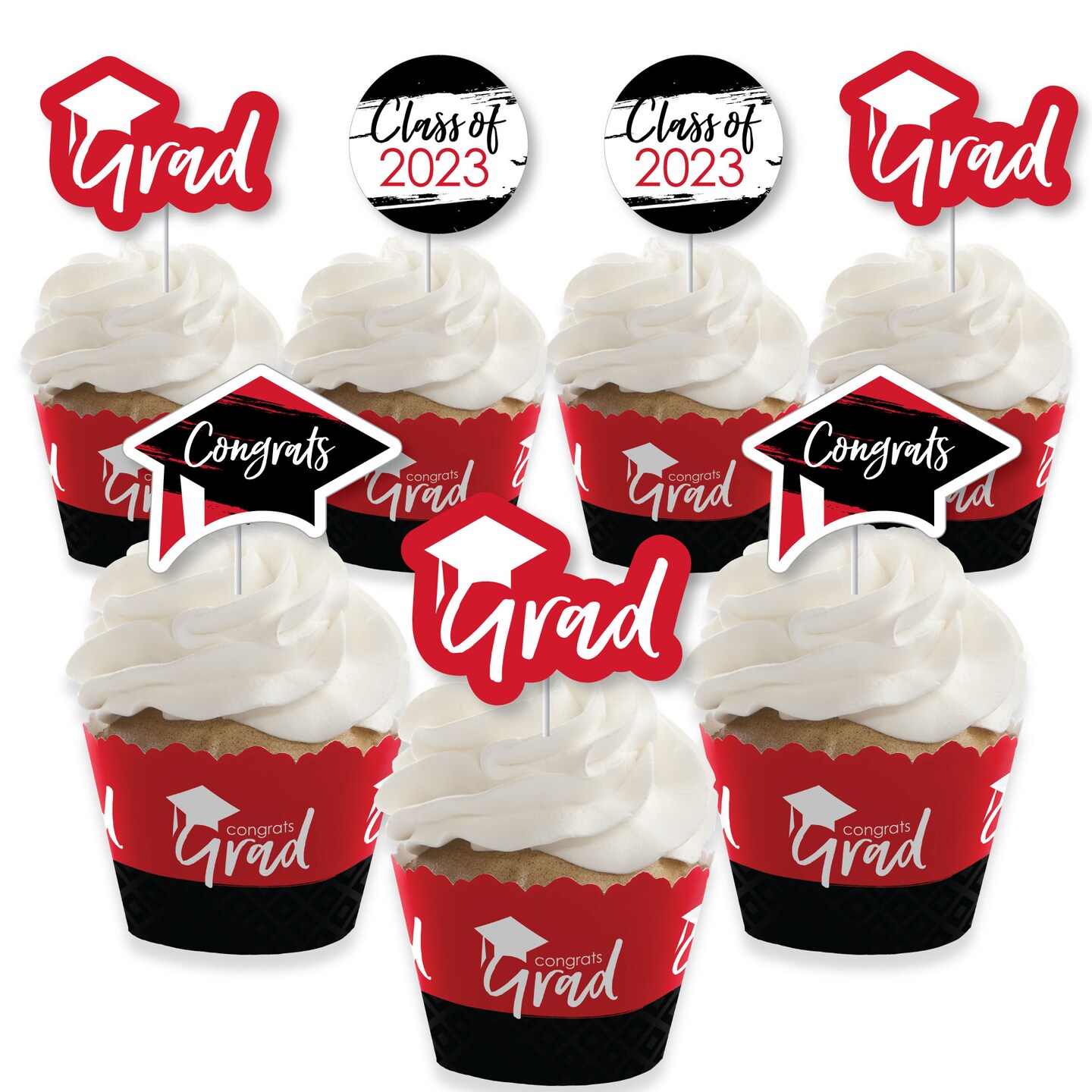 Big Dot of Happiness 2023 Red Graduation Cupcake Decoration Party