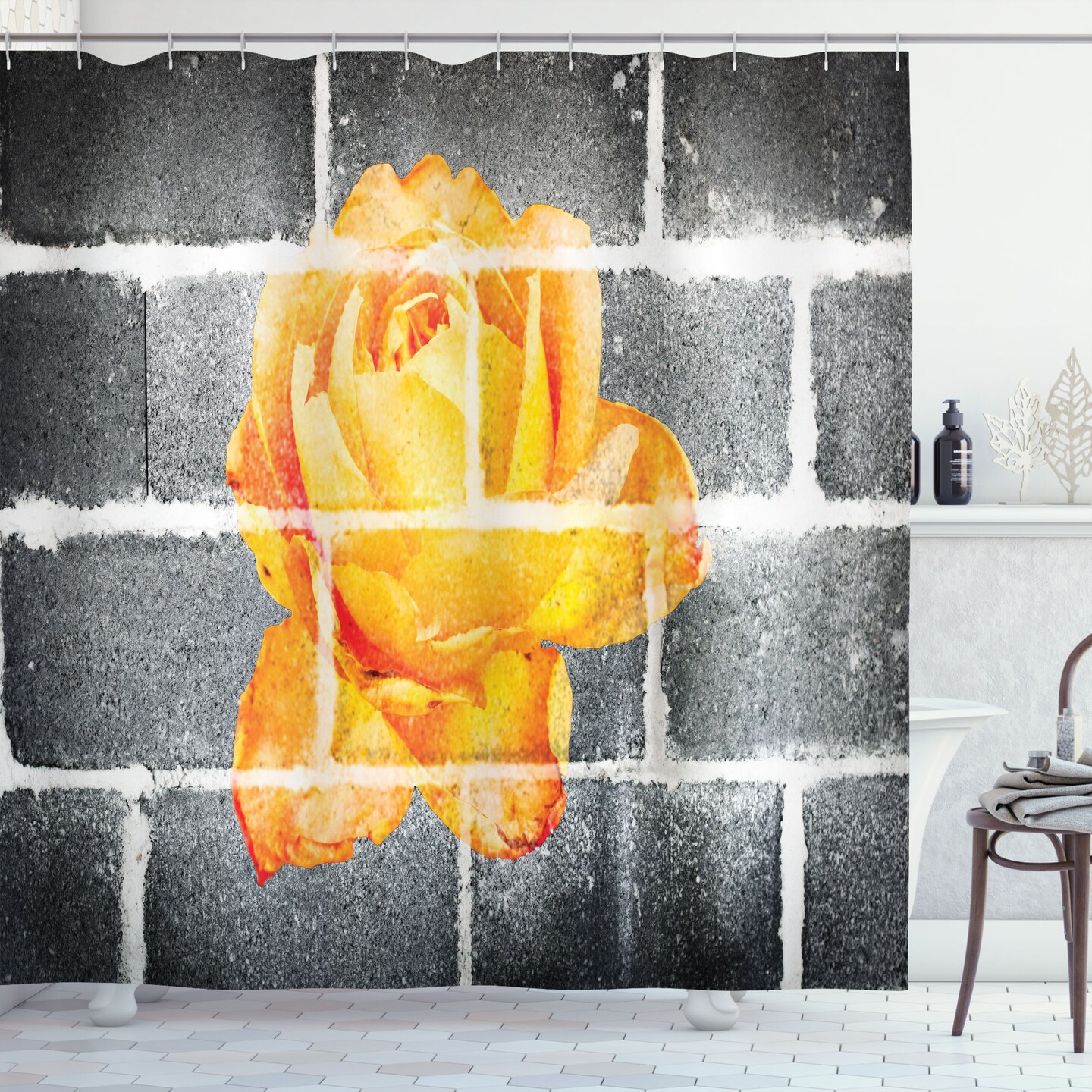 Ambesonne Rustic Flower Shower Curtain, Trippy Modern Graffiti with Rose Petals on The Brick Wall Urban City Life, Cloth Fabric Bathroom Decor Set with Hooks, 69&#x22; W x 70&#x22; L, Grey Orange