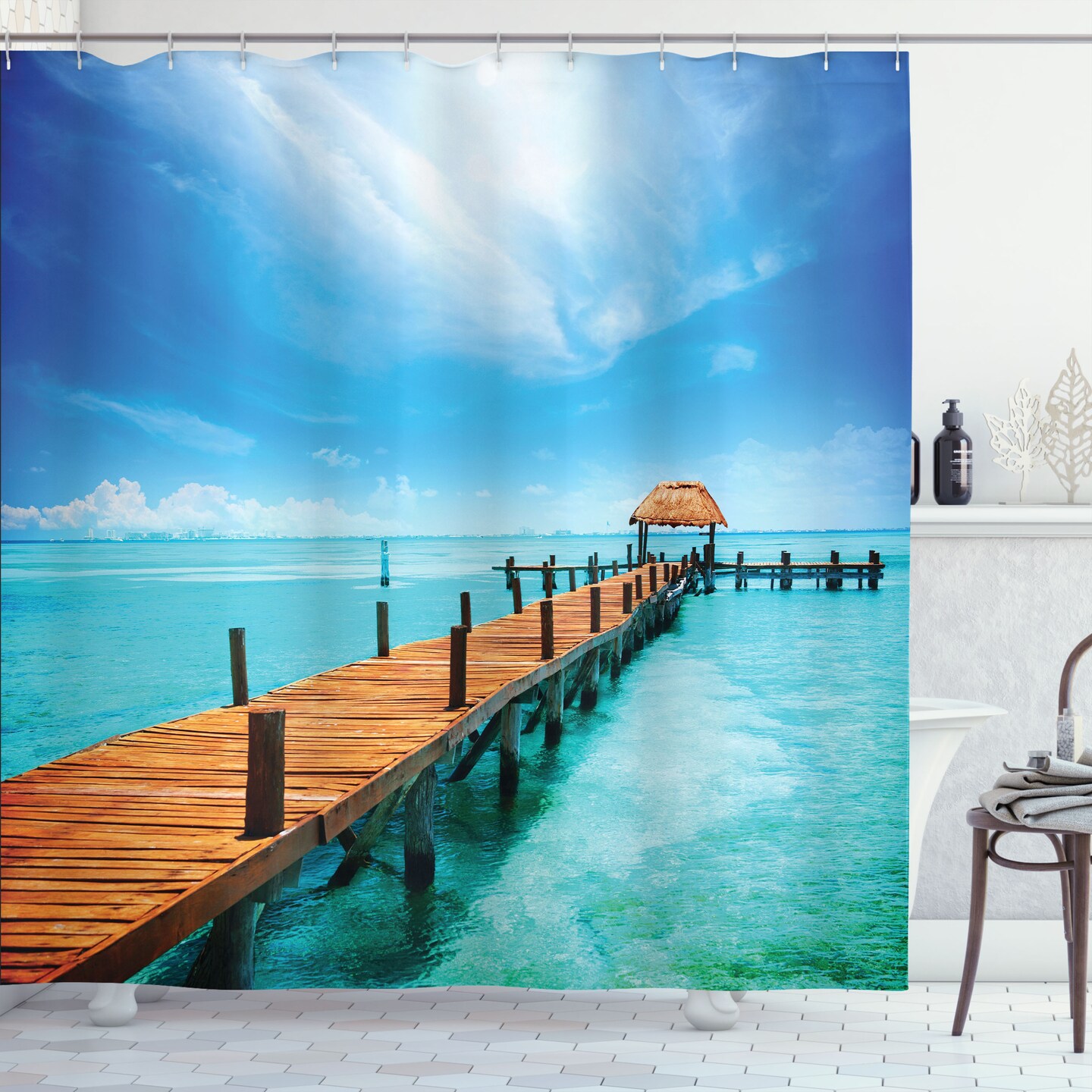 Ambesonne Tropical Shower Curtain, Exotic Hawaiian Wooden Pier