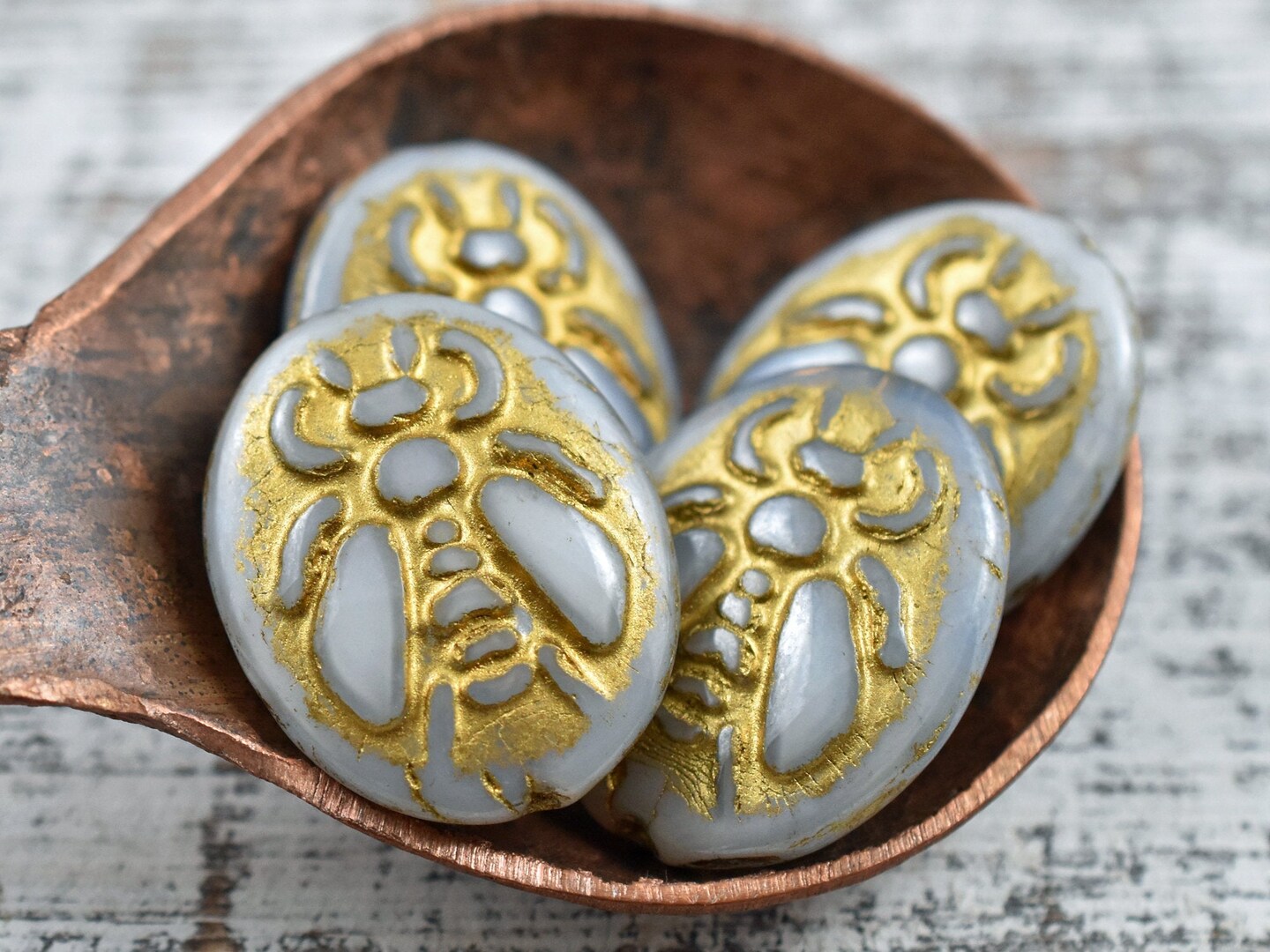 *2* 22x18mm Gold Washed Grey Silk Bumblebee Oval Beads