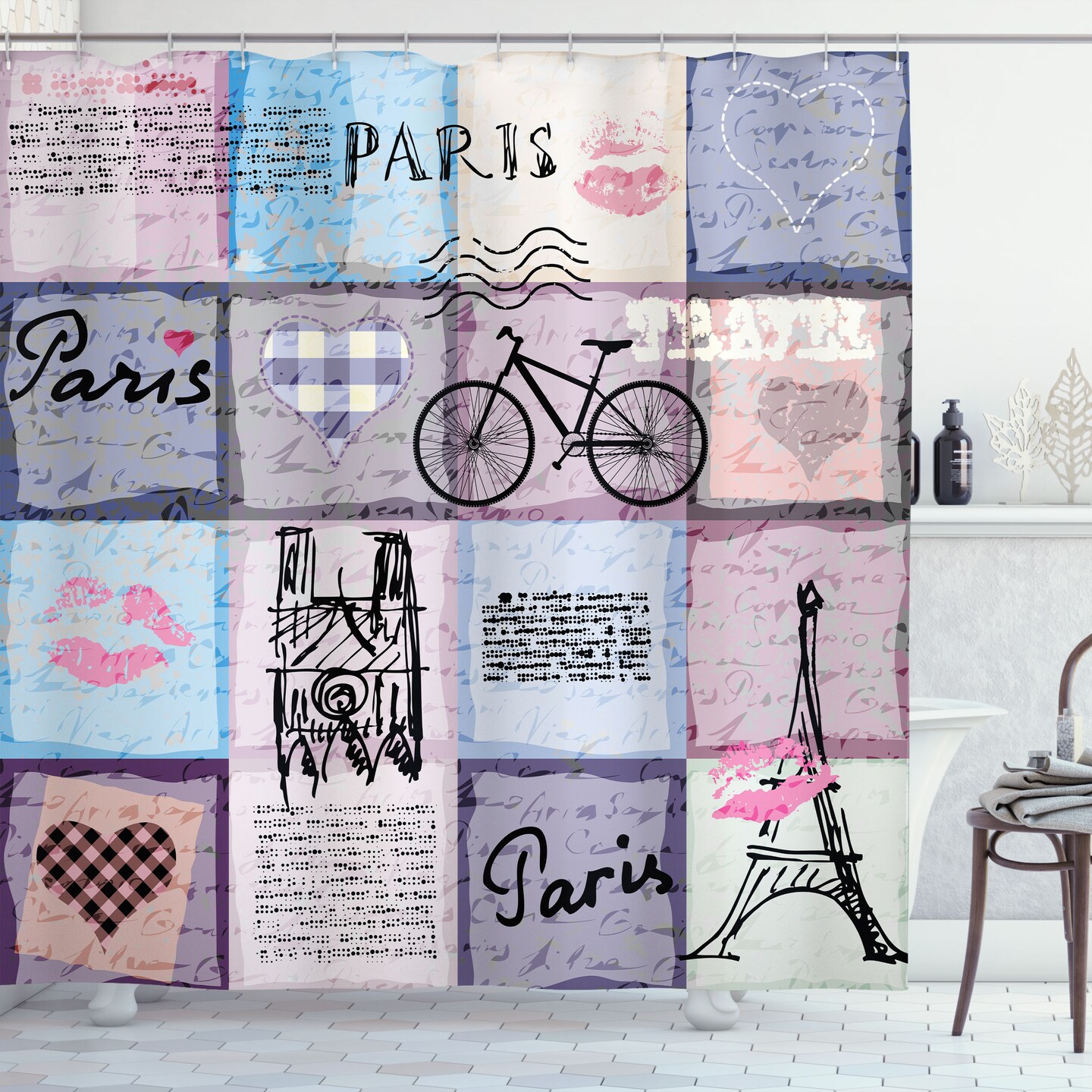 Ambesonne Paris Shower Curtain, Grunge Textured Retro Collage of France Famous Object Eiffel Tower Europe Theme, Cloth Fabric Bathroom Decor Set with Hooks, 69" W x 75" L, Pale Grey Cream Soft Blue
