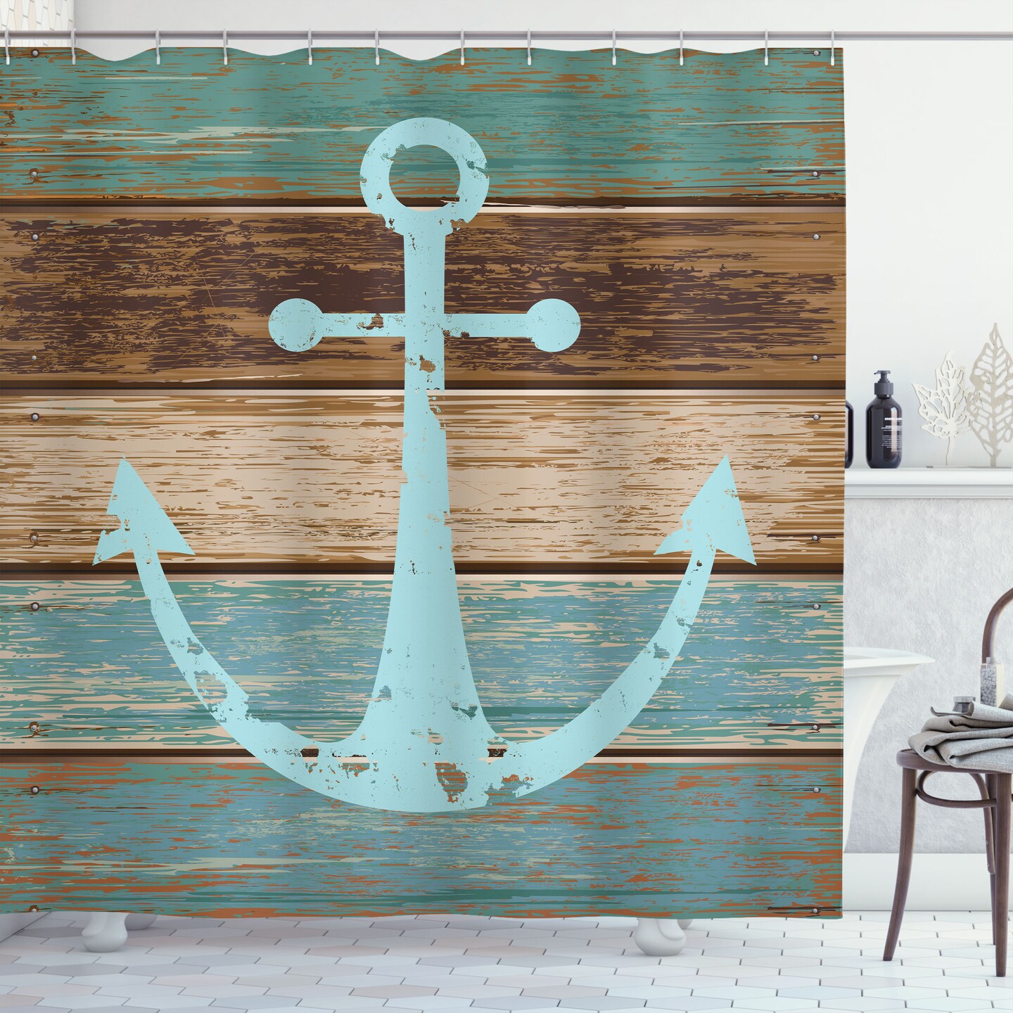 Ambesonne Anchor Shower Curtain, Timeworn Marine on Weathered Wooden Planks Rustic  Nautical Theme, Cloth Fabric Bathroom Decor Set with Hooks, 69 W x 70 L,  Teal Brown