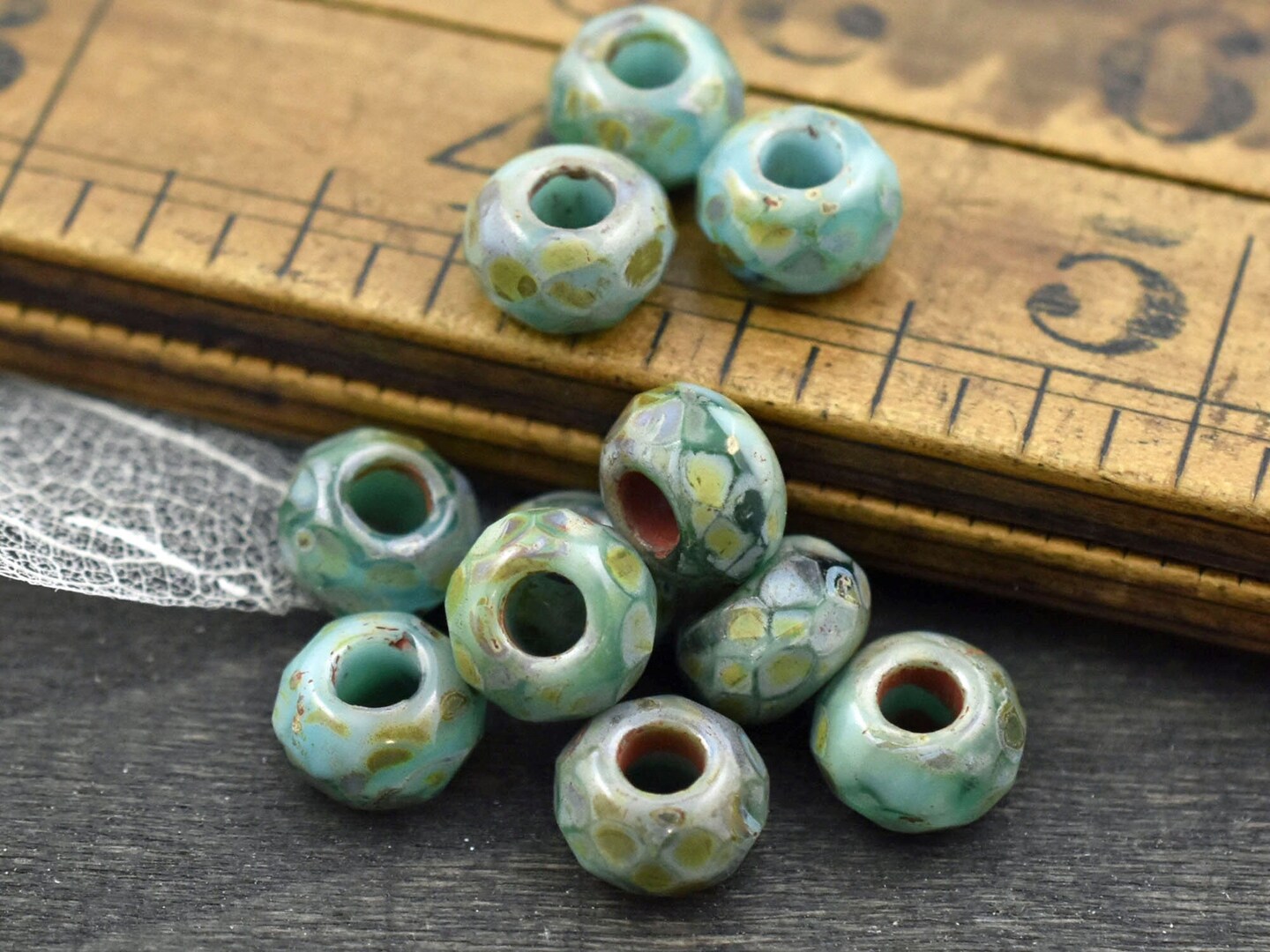 *25* 5x8mm Green Turquoise Picasso Faceted Large Hole Rondelle Roller Beads