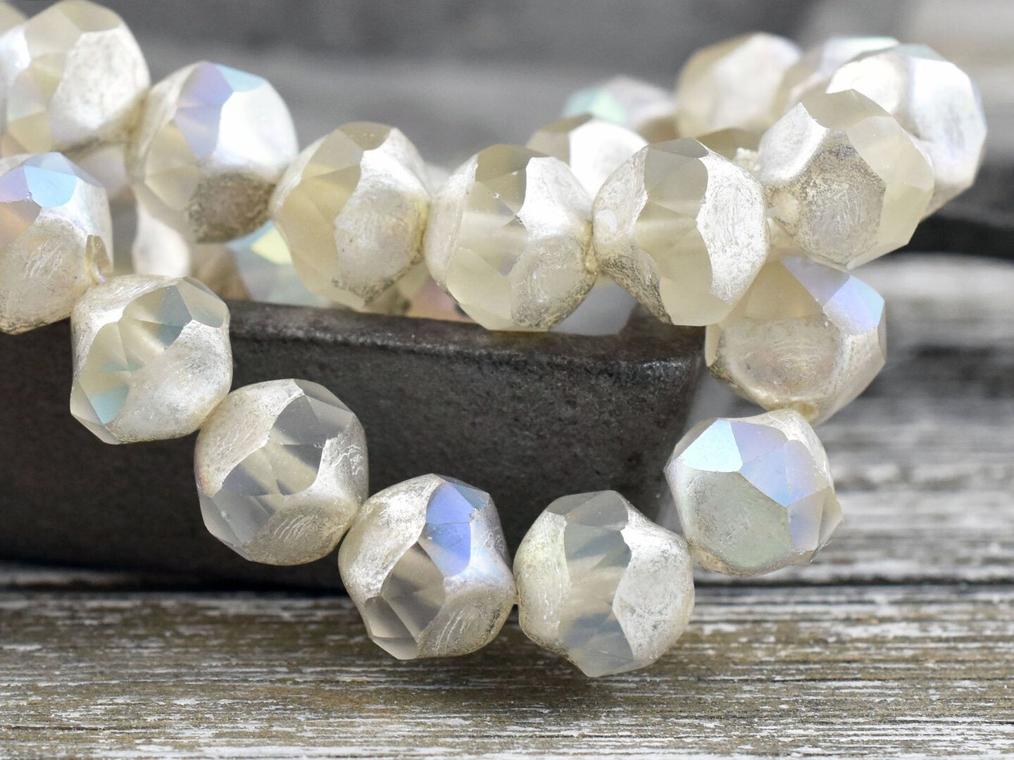 *15* 9mm Antique Silver AB Washed Crystal Central Cut Round Beads