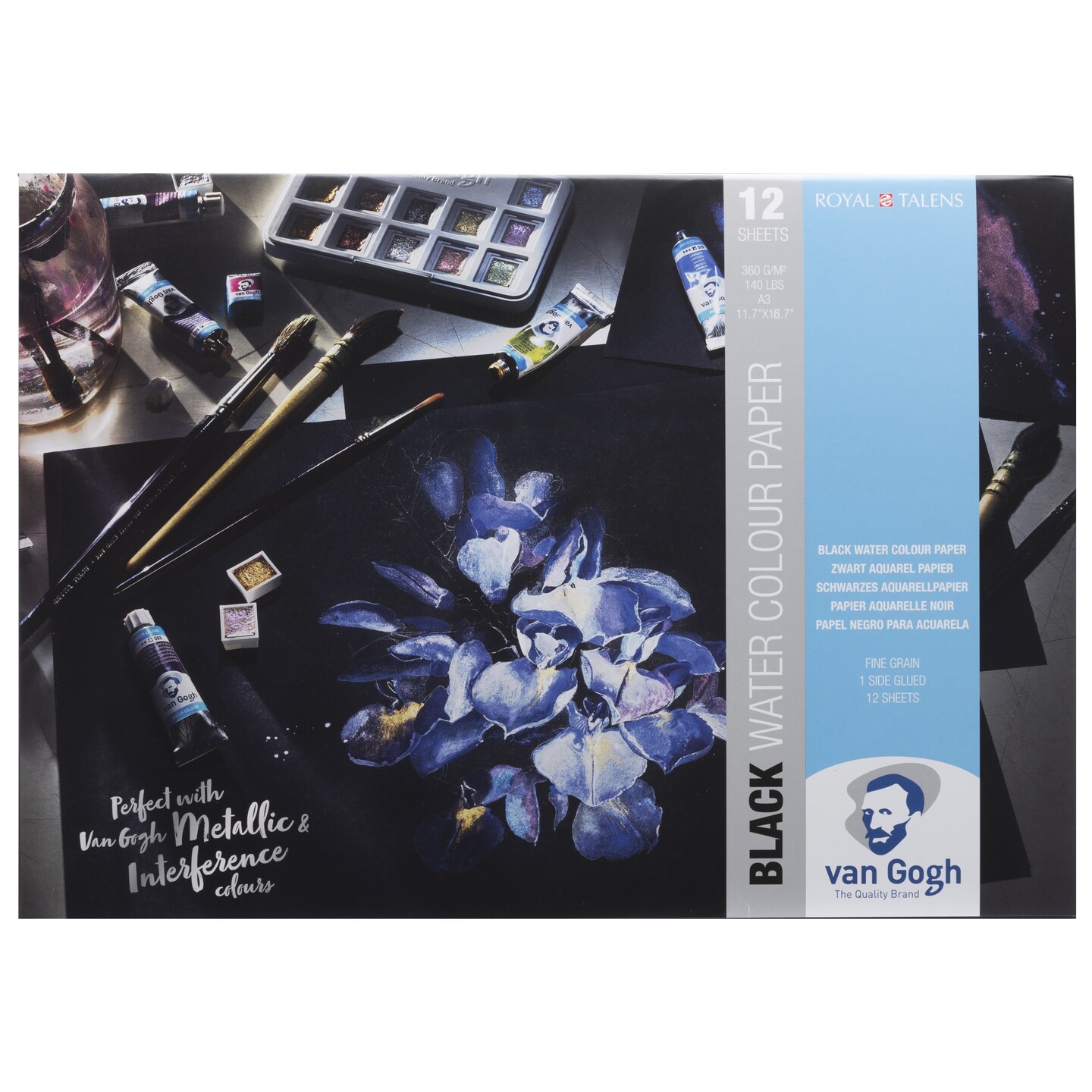 Van Gogh Watercolor Paper Pad, 140lb, Black Paper, 12 Sheets, 11.7&#x22; x 16.5&#x22; / A3