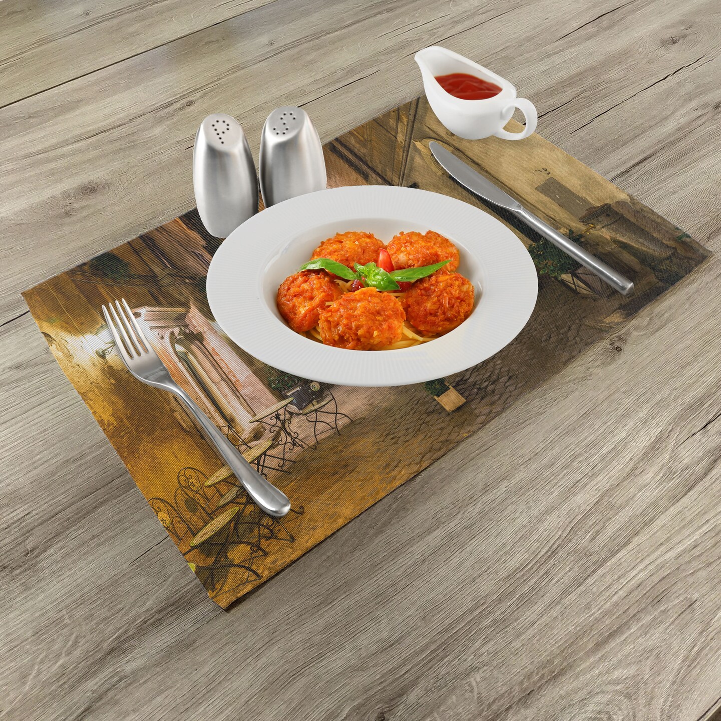Ambesonne Italian Place Mats Set of 4, Old Courtyard Rome Italy Cafe Chairs City Historic Houses in Street, Washable Fabric Placemats for Dining Table, Standard Size, Pale Yellow Green Orange