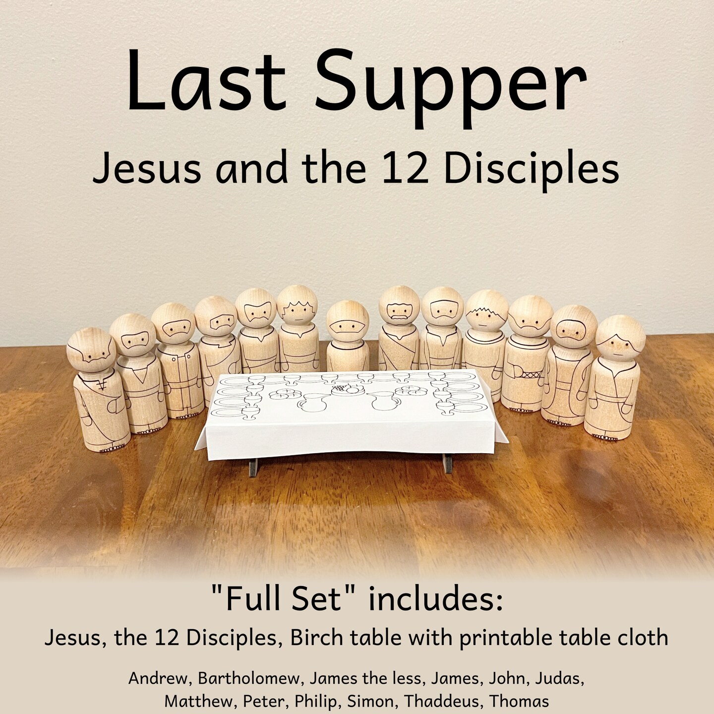 Last Supper Jesus and 12 Disciples Peg Doll Set by Pegsies&#x2122;