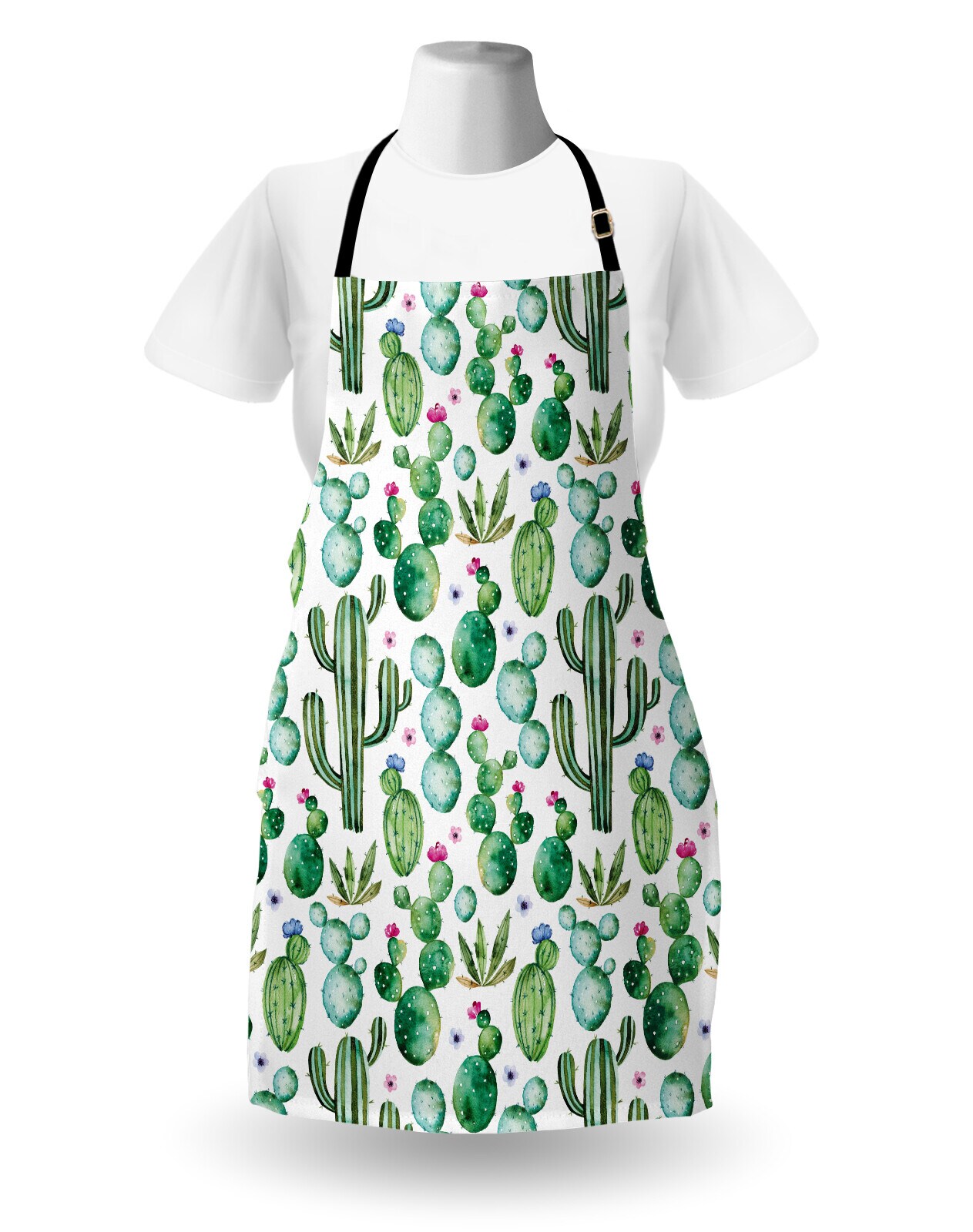 Ambesonne Green Apron, Mexican Texas Cactus Plants Spikes Cartoon Like Print, Unisex Kitchen Bib with Adjustable Neck for Cooking Gardening, Adult Size, Lime Green Pale Pink