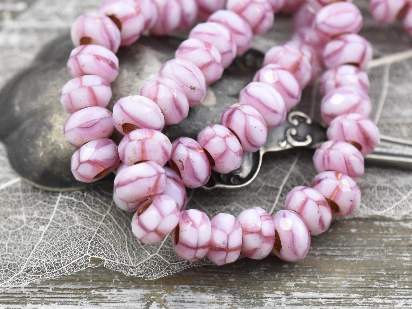*10* 5x8mm Copper Lined Pink Striped Roller Rondelle Beads
