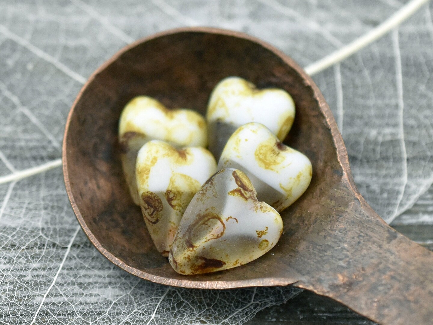 *6* 13x16mm Matte Crystal &#x26; Off White Picasso Heart Beads