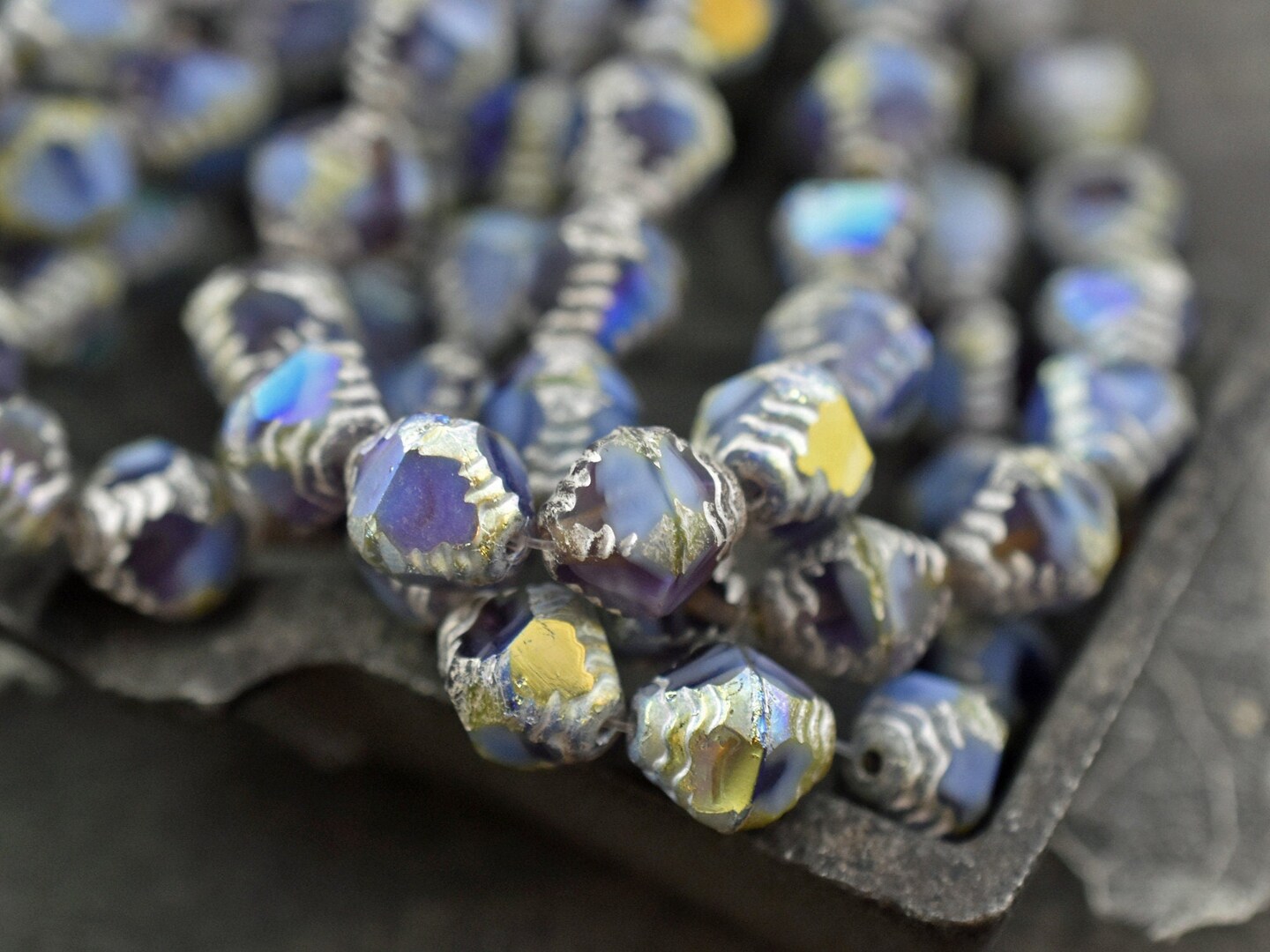 *15* 10x8mm Antique  Silver Washed Cornflower Violet AB Faceted Bicone Beads