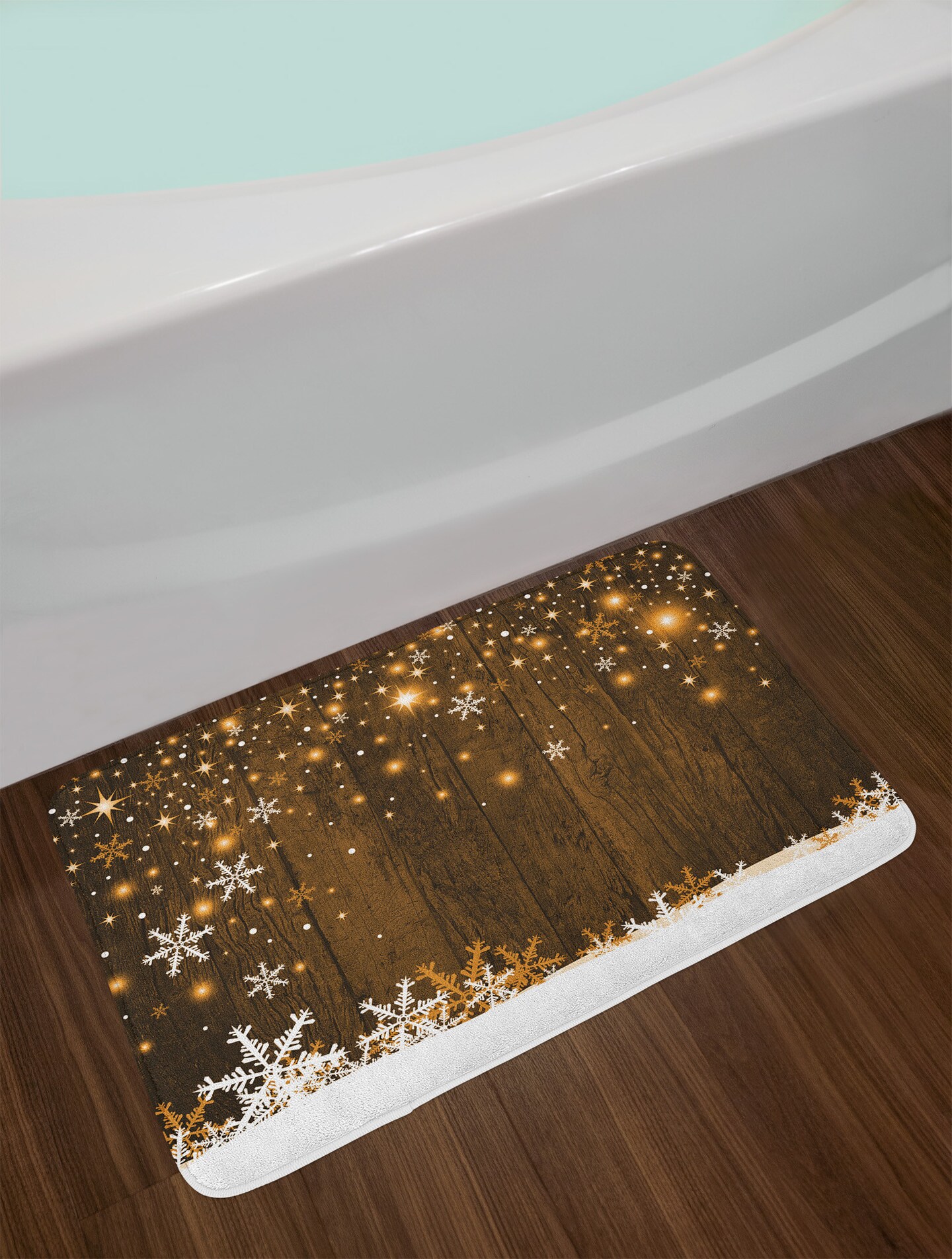 Ambesonne Christmas Bath Mat, Rustic Wooden Backdrop with Snowflakes and Warm Traditional Celebration Print, Plush Bathroom Decor Mat with Non Slip Backing, 29.5&#x22; X 17.5&#x22;, White Brown