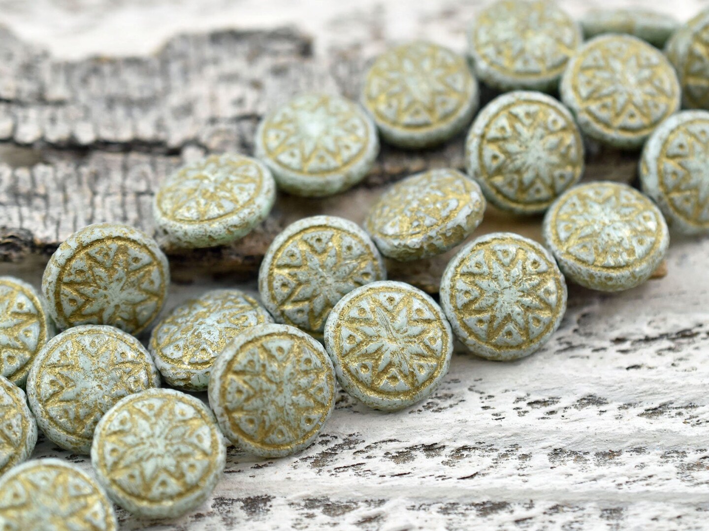 *4* 13mm Gold Washed Etched Mint Green Ishtar Coin Beads