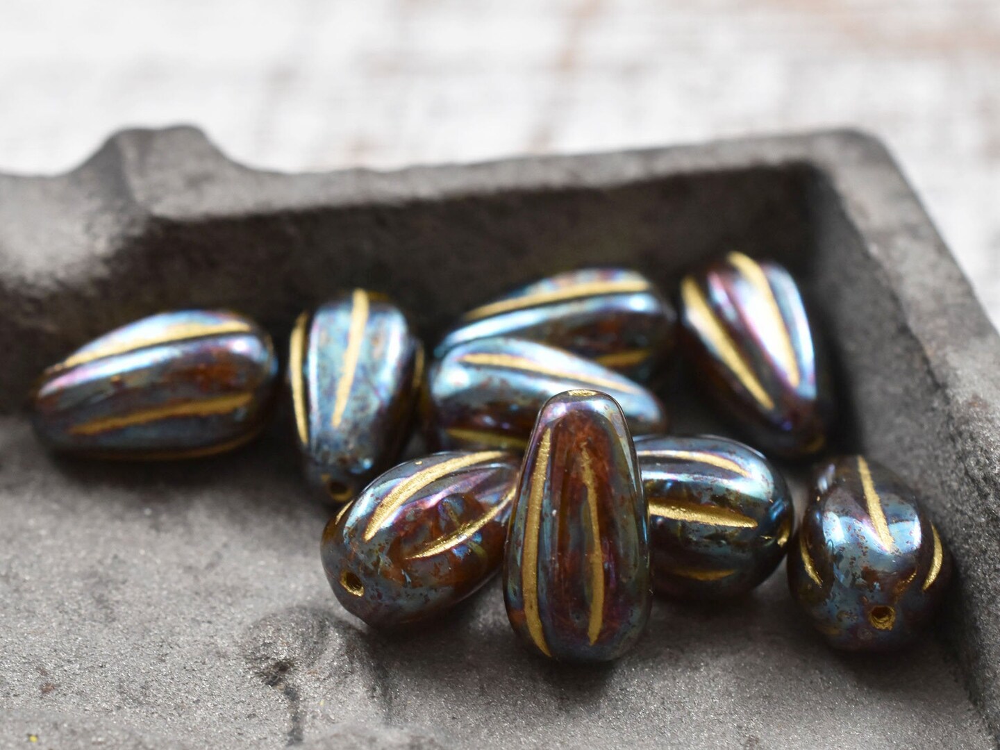 *6* 8x12mm Bronze Washed Root Beer Amber Iris Melon Drop Beads