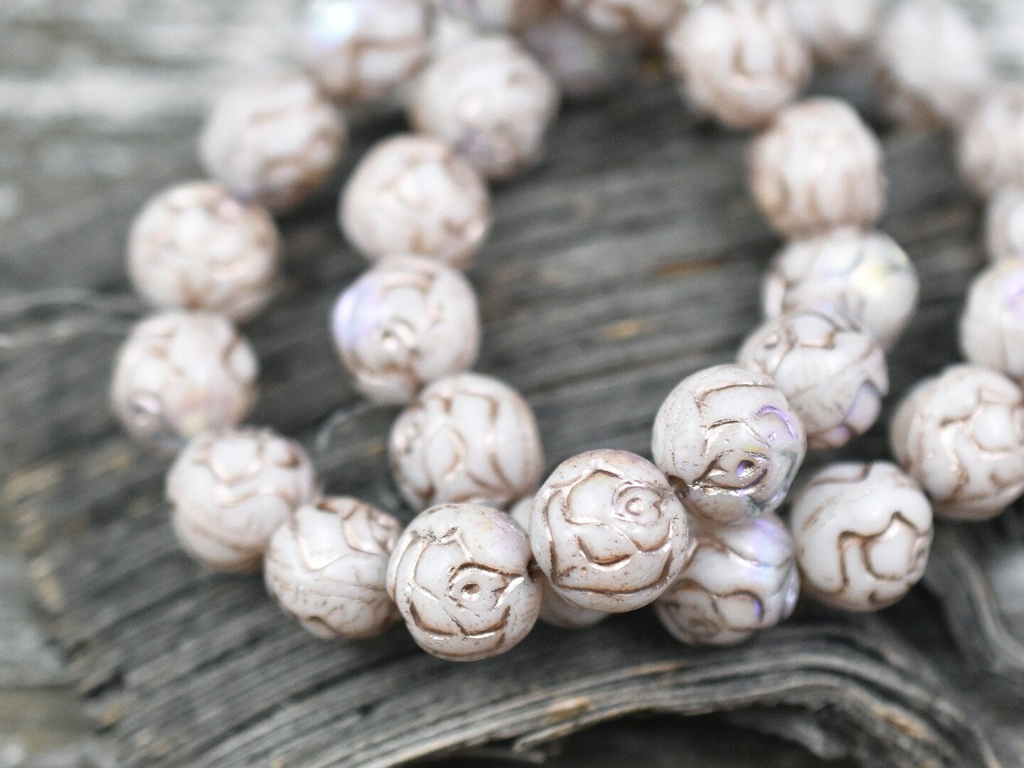 *15* 10mm Metallic Beige Washed White AB Round Rose Beads