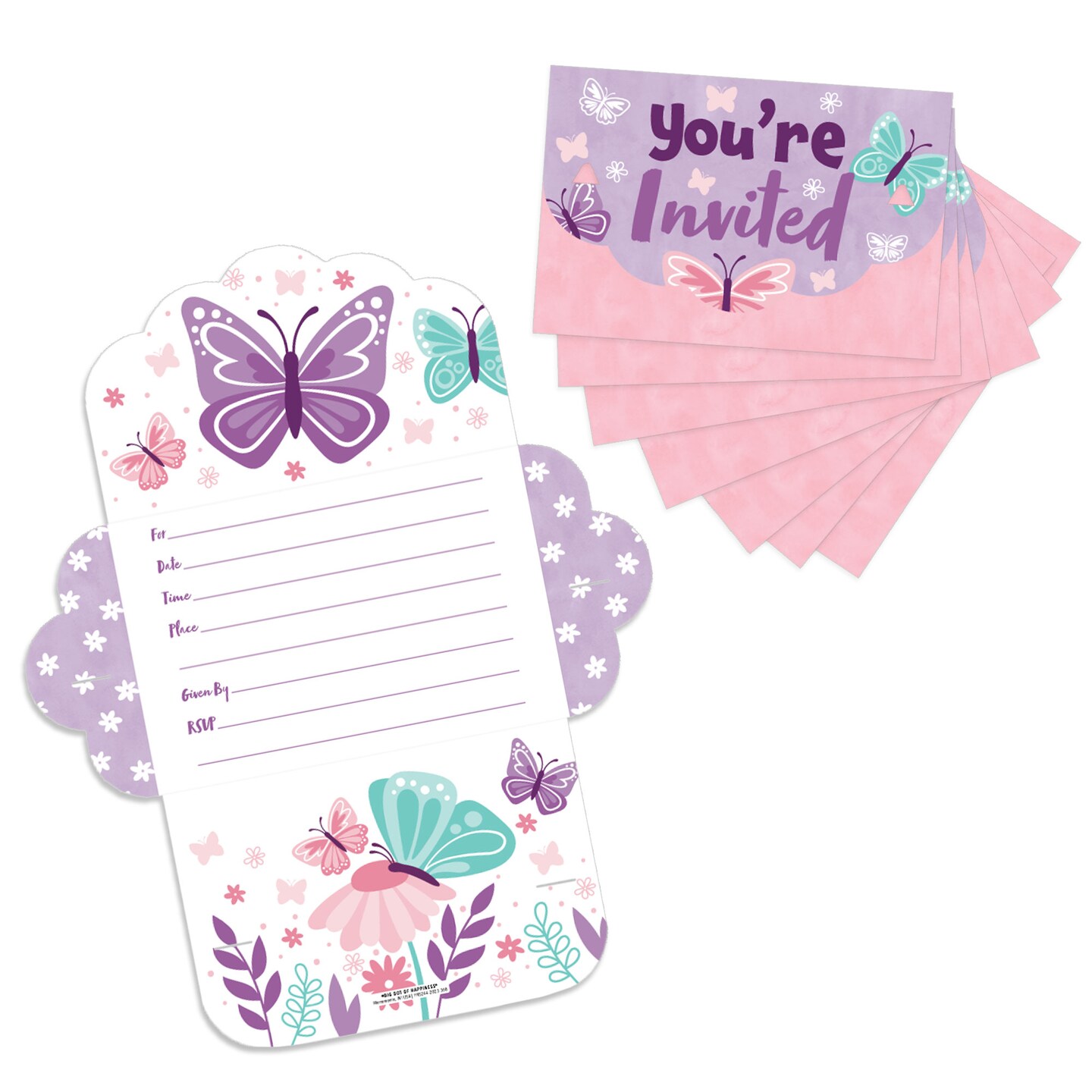 Big Dot of Happiness Beautiful Butterfly - Fill-In Cards - Floral Baby Shower or Birthday Party Fold and Send Invitations - Set of 8