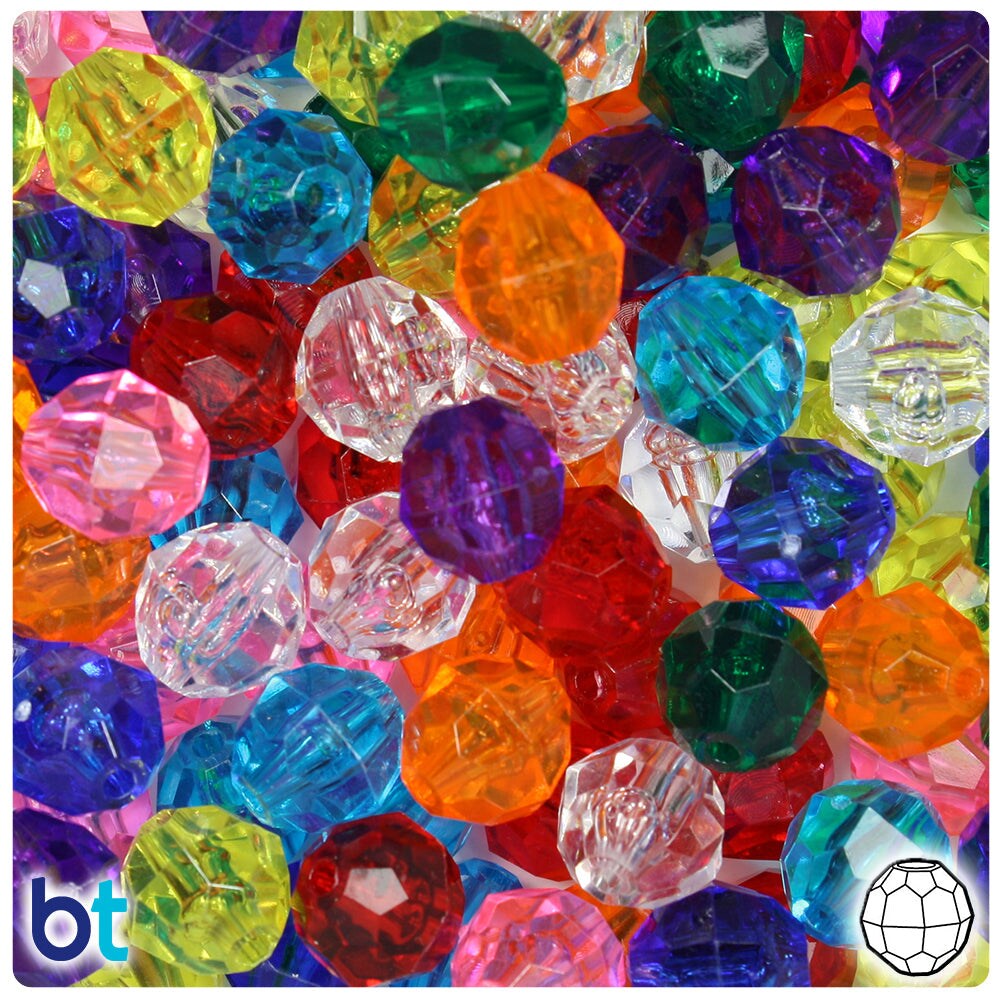 BeadTin Transparent Mix 12mm Faceted Round Plastic Craft Beads (180pcs)