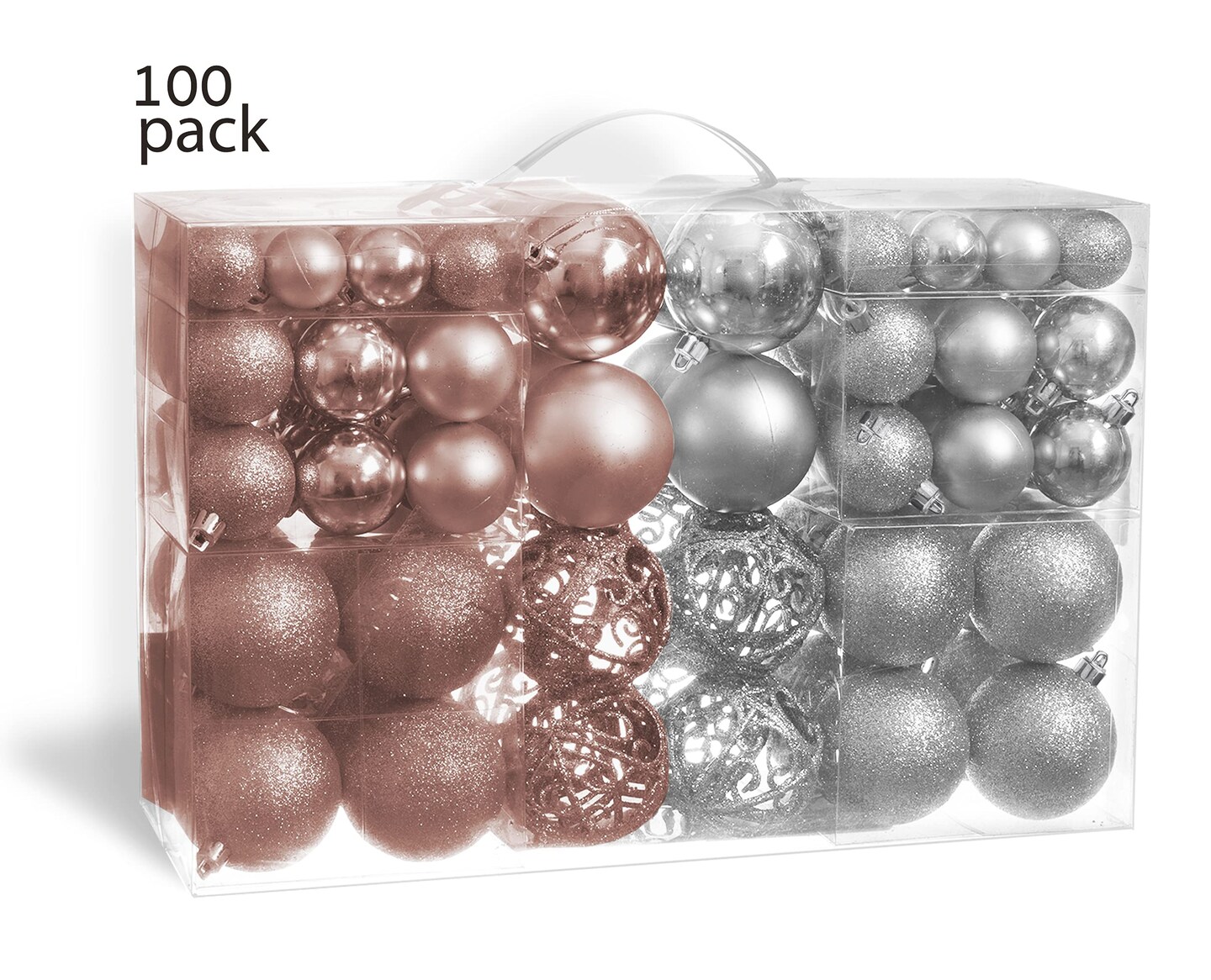 R N&#x27; D Toys 100 Rose Gold and Silver Christmas Ornament Balls Shatterproof + 100 Metal Ornament Hooks, Hanging Ornaments for Indoor/Outdoor Christmas Tree, Holiday Party, Home D&#xE9;cor