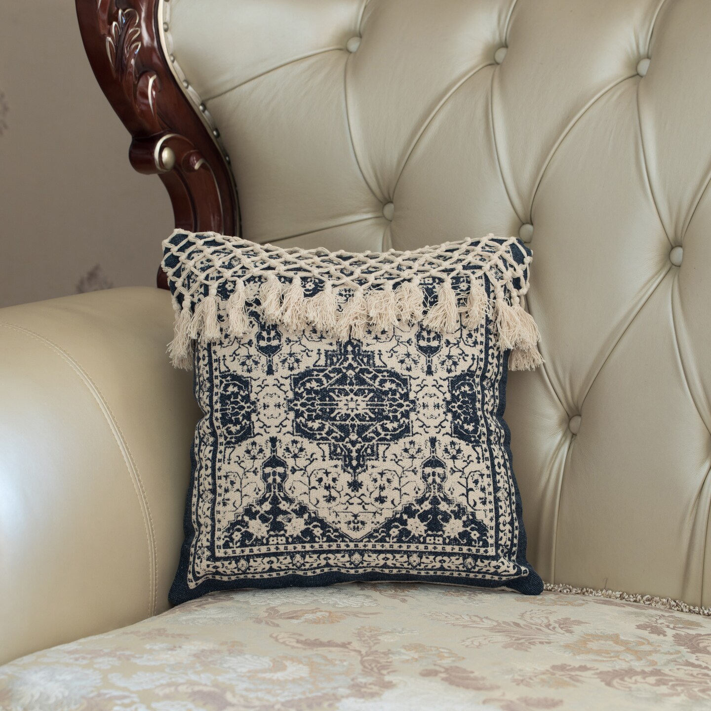16" Handwoven Cotton Throw Pillow Cover with Traditional Pattern and Tasseled Top