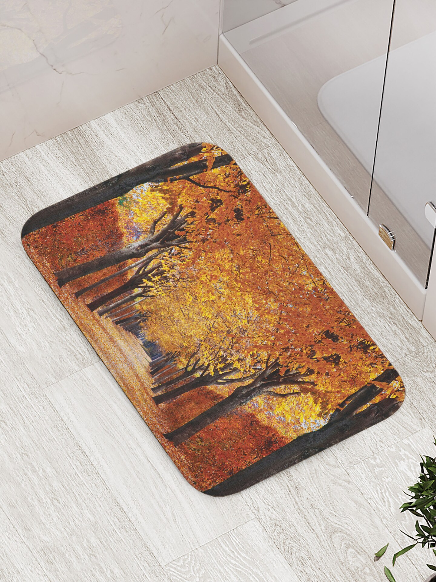 Ambesonne Autumn Bath Mat, Pathway in The Woods Covered with Dried Deciduous Tree Leaves Romantic Fall Season, Plush Bathroom Decor Mat with Non Slip Backing, 29.5&#x22; X 17.5&#x22;, Orange Brown