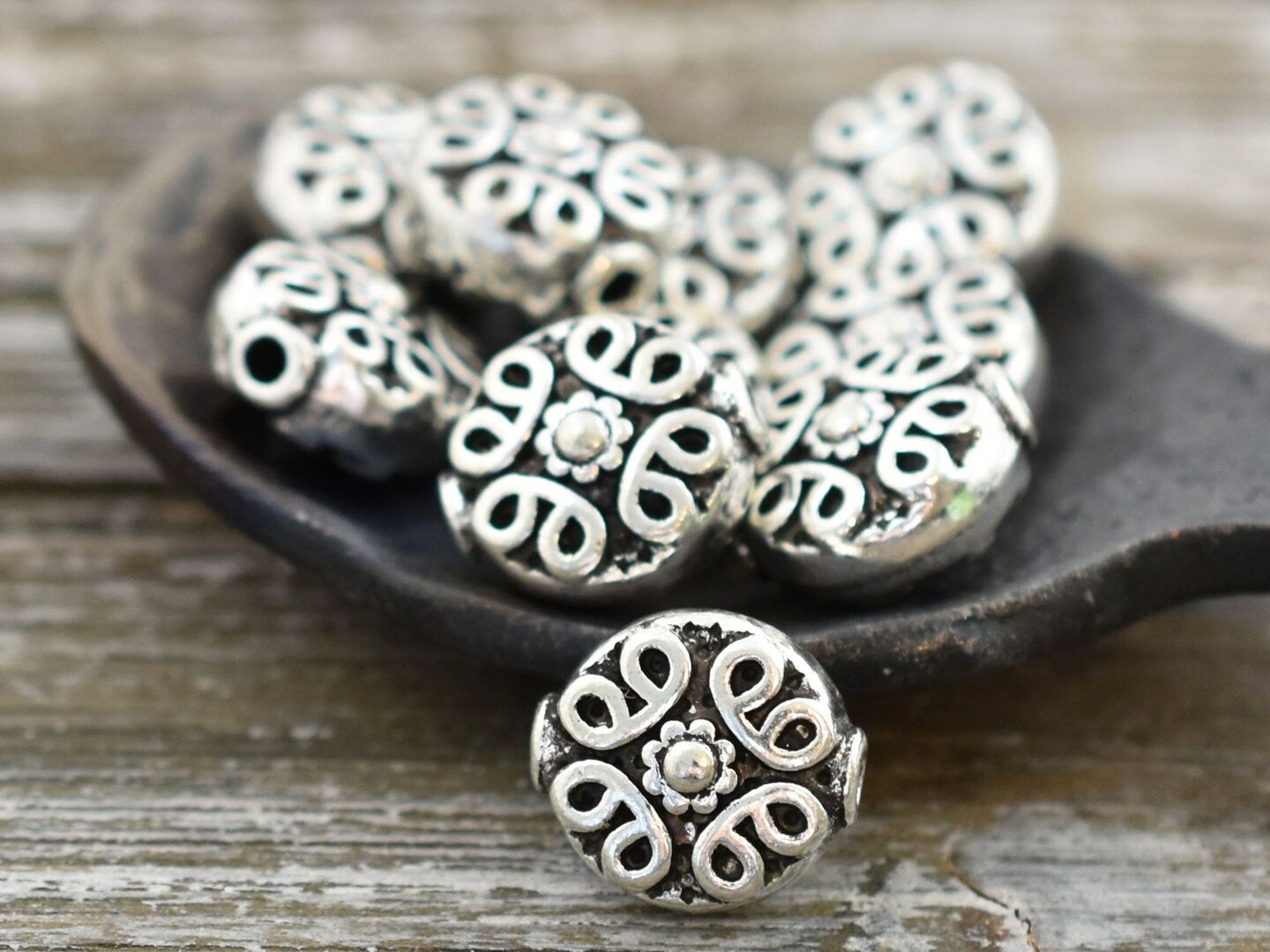 *50* 10mm Antique Silver Ornate Coin Spacer Beads