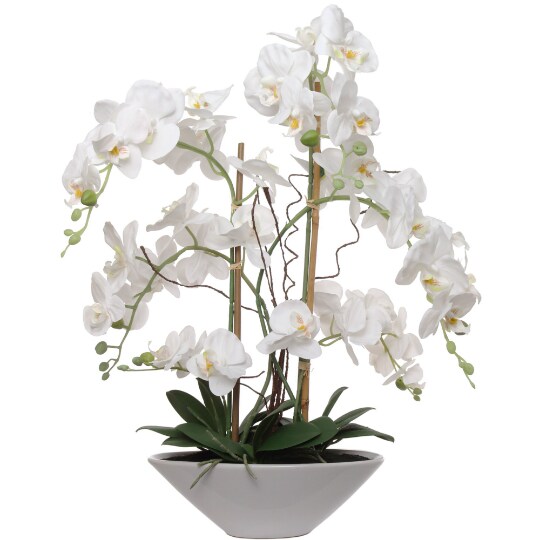 23" White Orchid in Ceramic Boat Vase – Realistic Silk Flower Decor for Home & Office