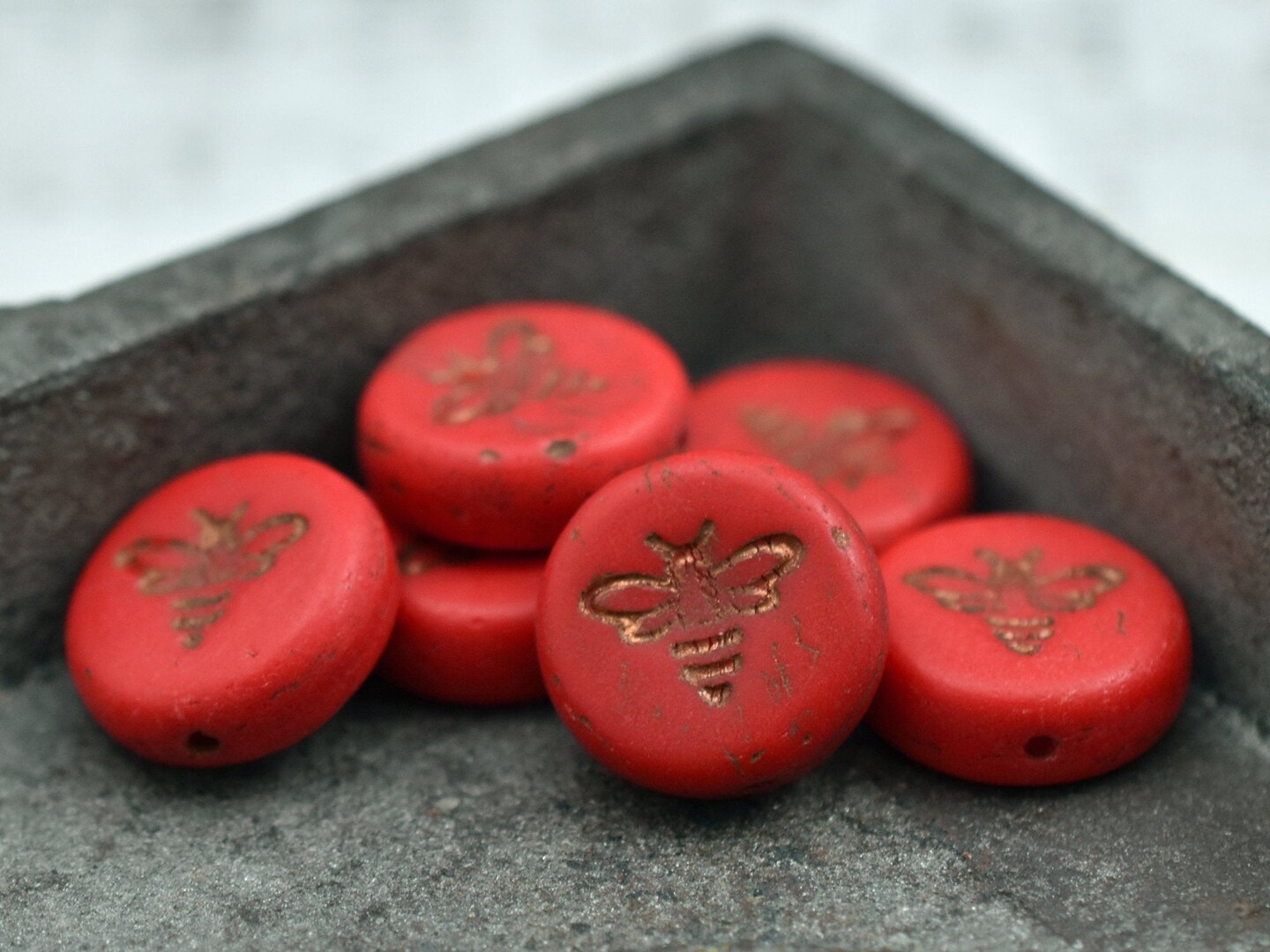 *6* 12mm Dark Washed Matte Opaque Red Bee Coin Beads