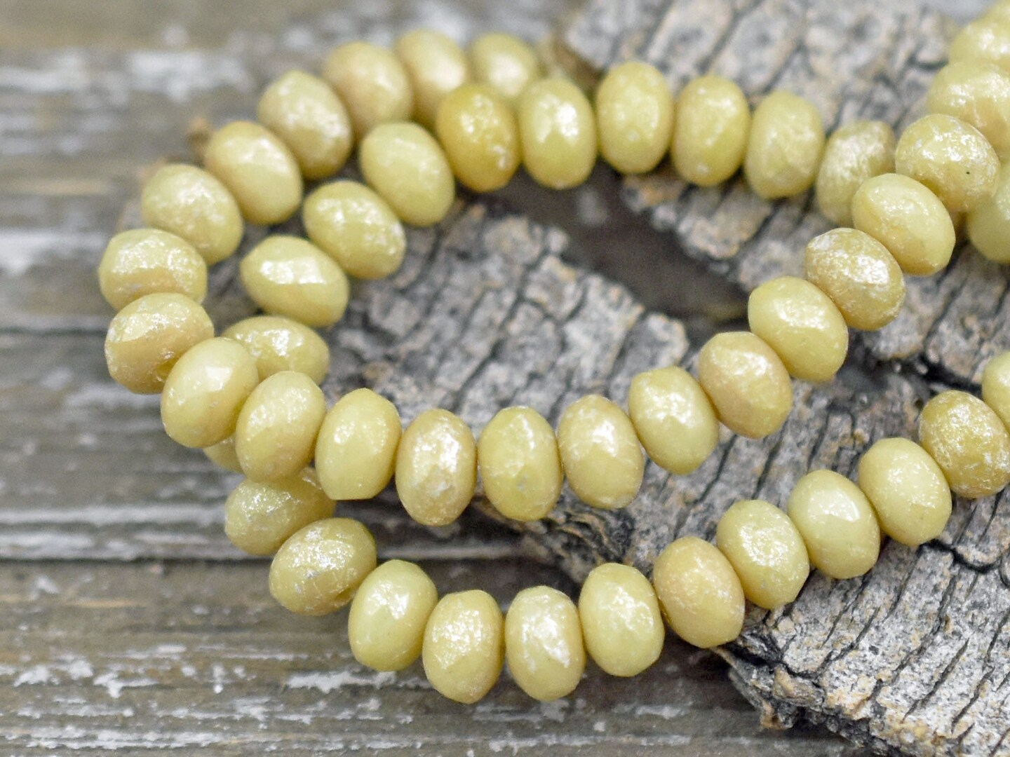 *30* 3x5mm Silver Mercury Washed Opaque Yellow Ivory Fire Polished Rondelle Beads