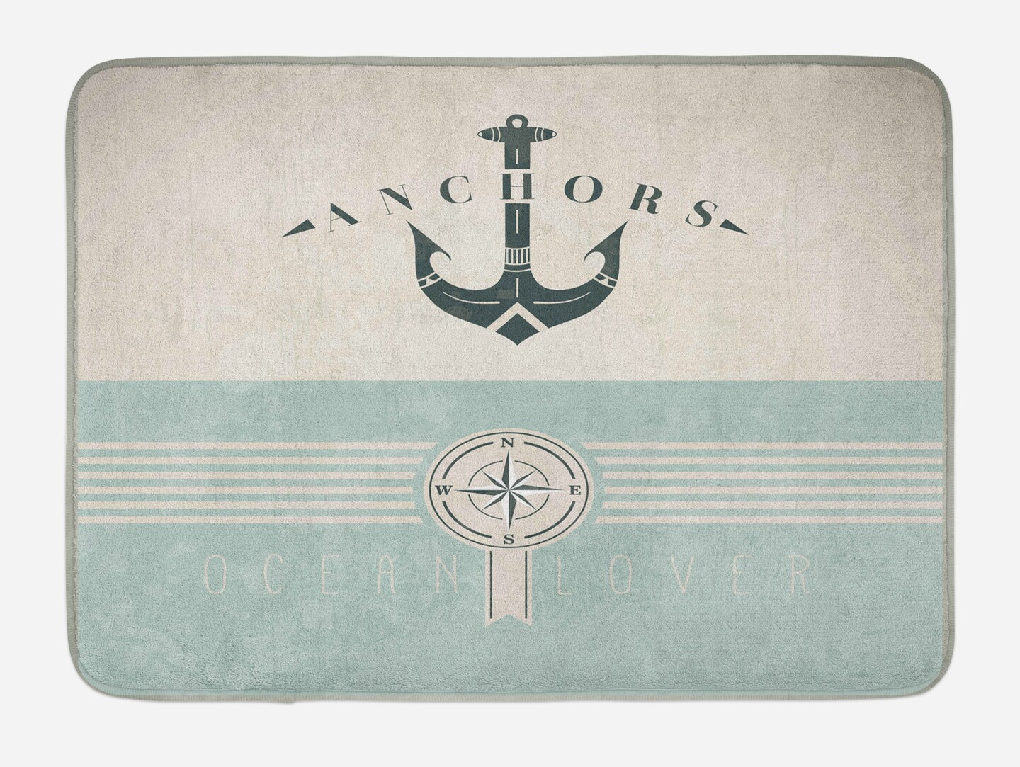 Ambesonne Nautical Bath Mat, Vintage Marine Design for Ocean Lovers Anchor Compass and Stripes, Plush Bathroom Decor Mat with Non Slip Backing, 29.5&#x22; X 17.5&#x22;, Beige Turquoise