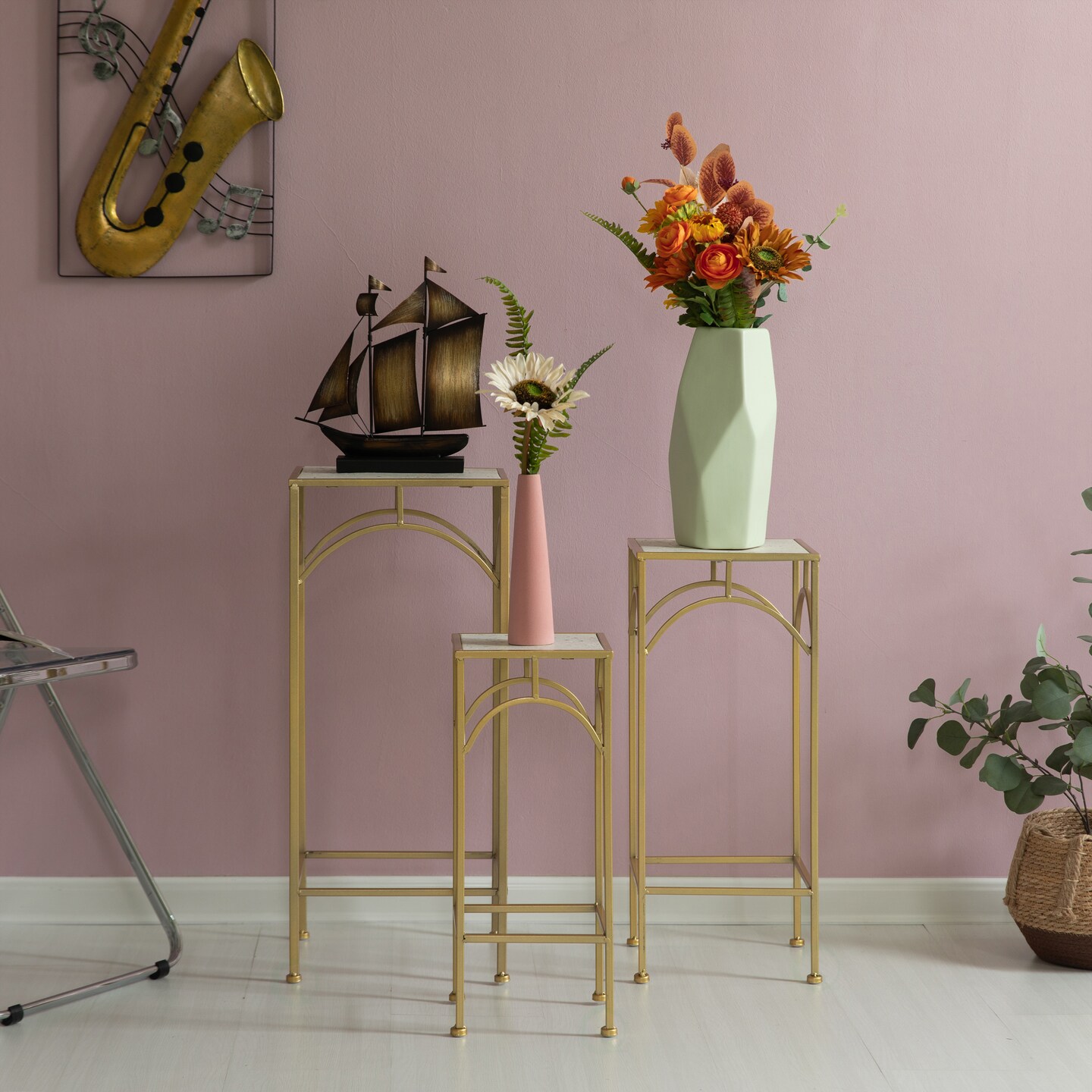 Decorative Gold Metal Square Plant Stand, Modern White Marble Look Top Display End Side Table, Set of 3