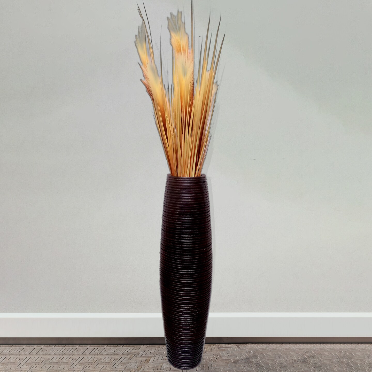 Brown Decorative Contemporary Mango Wood Ribbed Design Round Vase