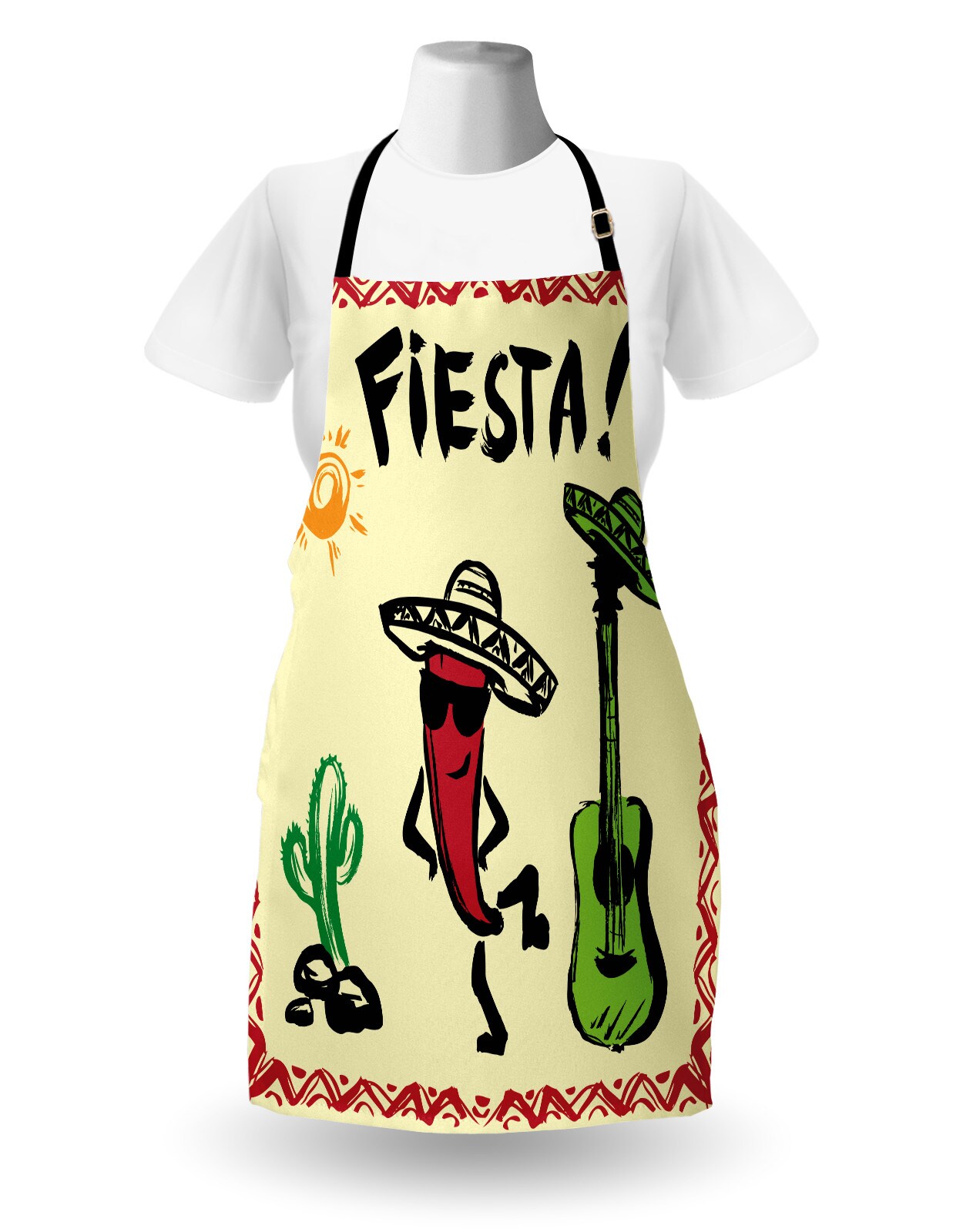 Ambesonne Fiesta Apron, Mexican Party with Maracas Dancing Red Pepper Wearing a Sombrero and Guitar, Unisex Kitchen Bib with Adjustable Neck for Cooking Gardening, Adult Size, Multicolor