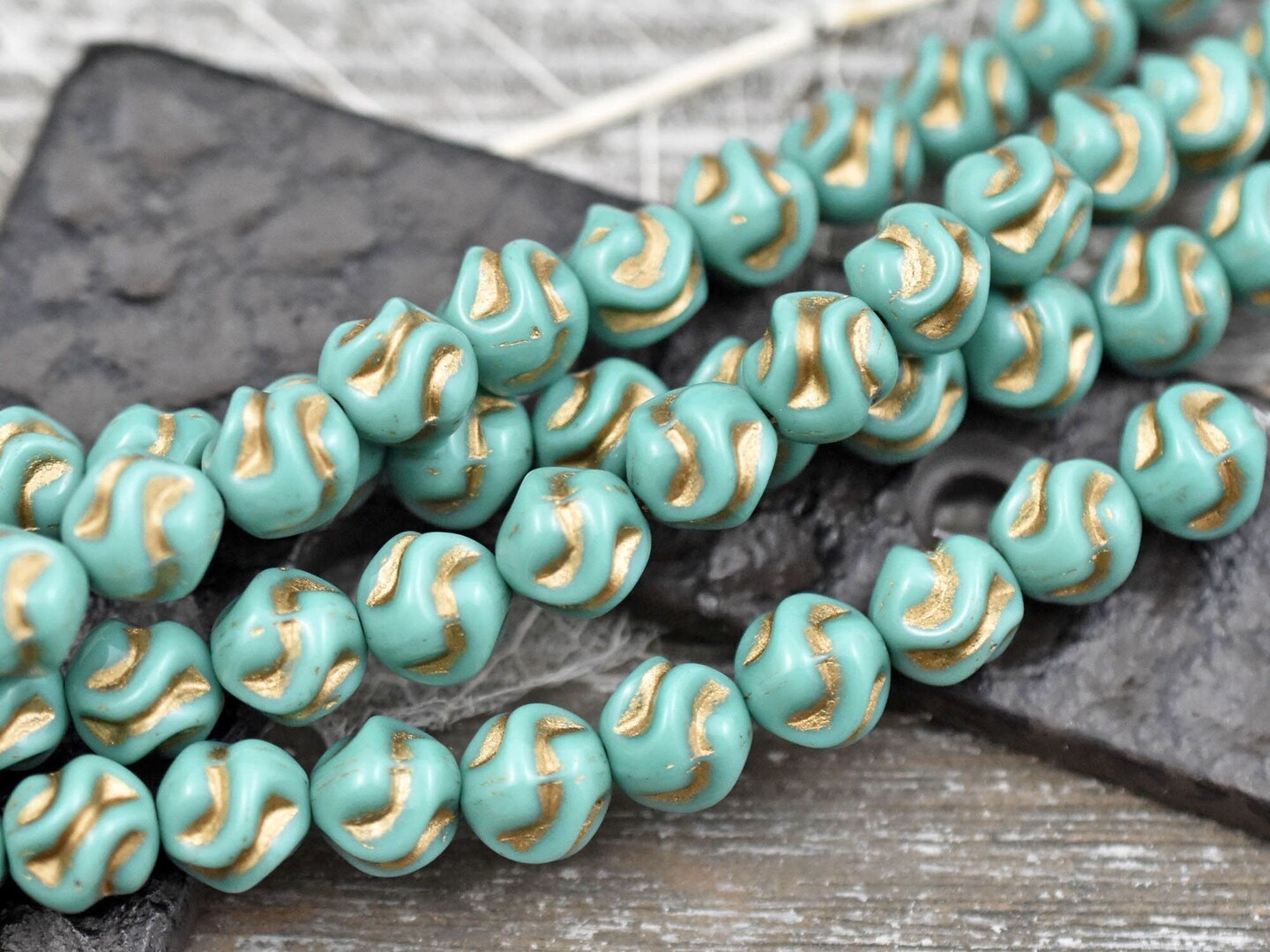 *15* 8mm Gold Washed Opaque Turquoise Round Love Knot Beads