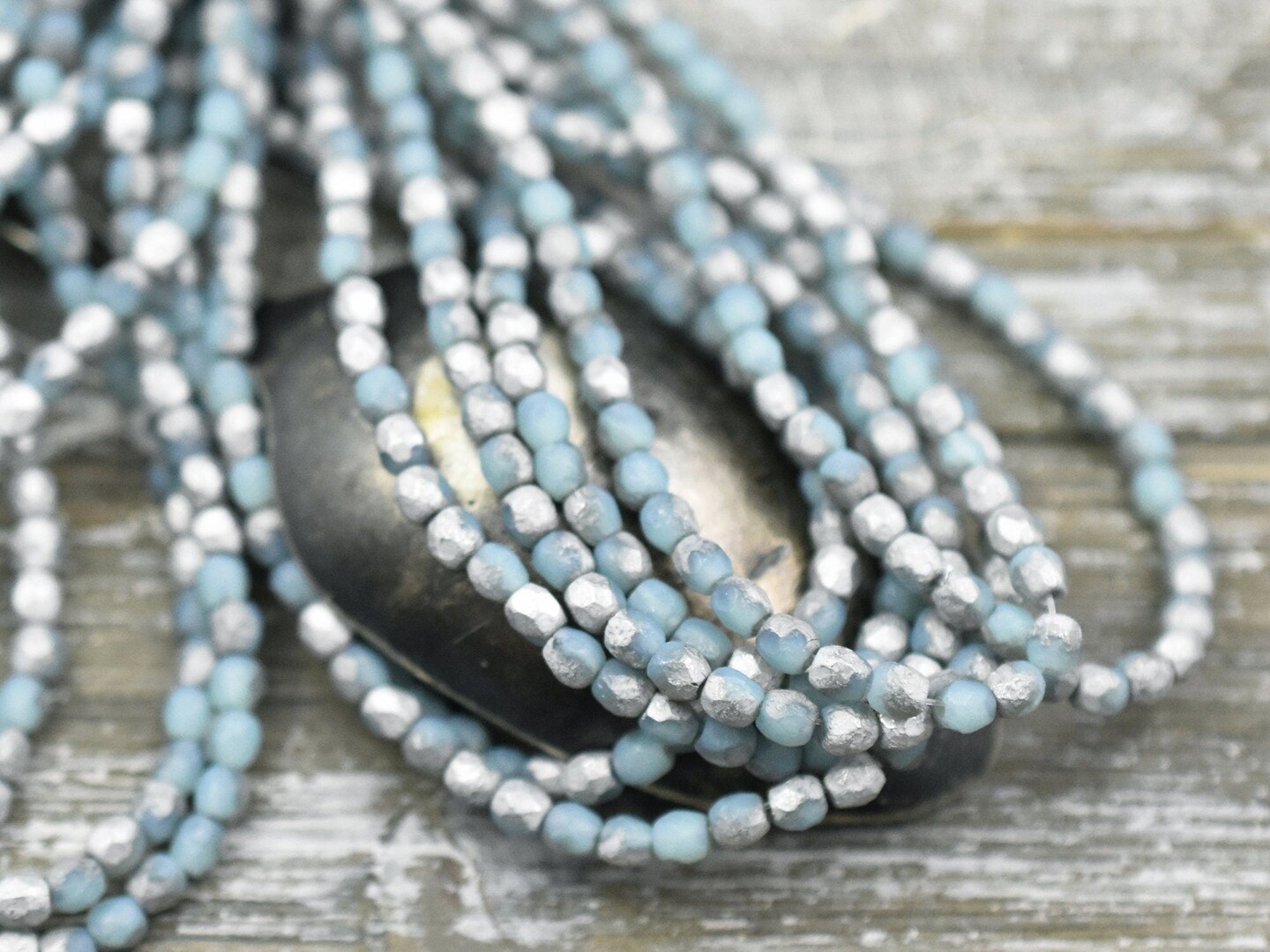 *50* 3mm Silver Washed Etched Matte Blue Fire Polished Round Beads