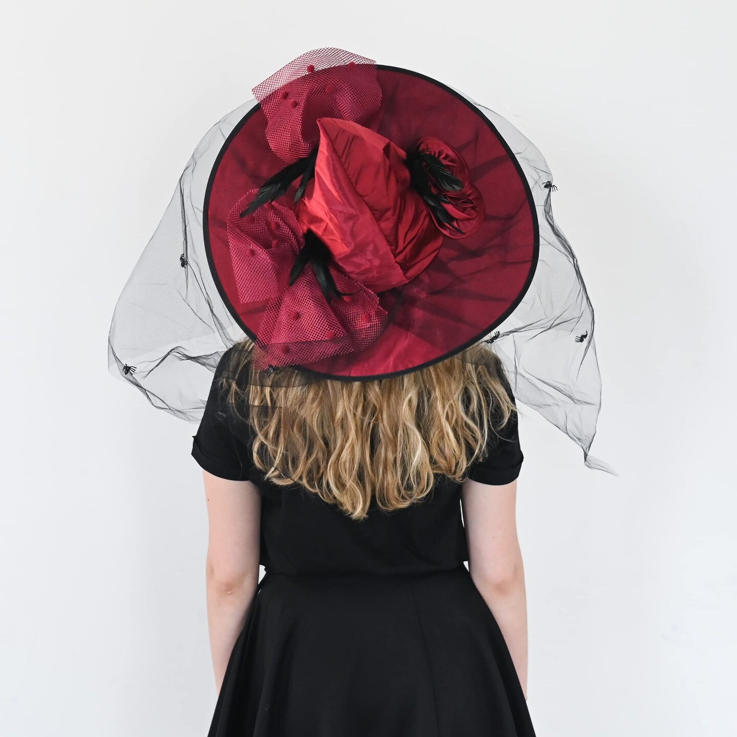 Deluxe Pointed Witch Hat - Glamorous Red Witches Accessories Fancy Satin Hat with Bow, Spiders and Black Feathers