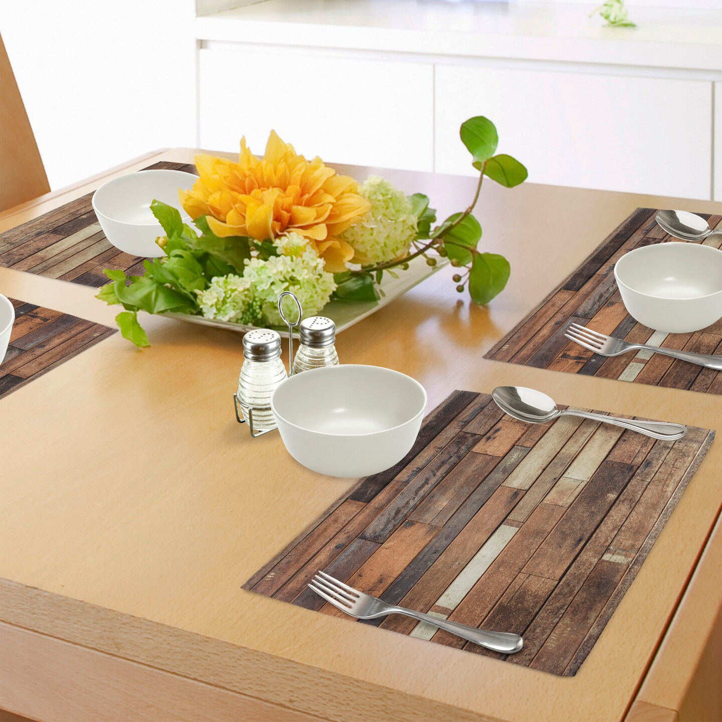Ambesonne Wooden Print Place Mats Set of 4, Rustic Floor Planks Grungy Look Farm House Country Style Walnut Oak Grain Image, Washable Fabric Placemats for Dining Table, Standard Size, Brown