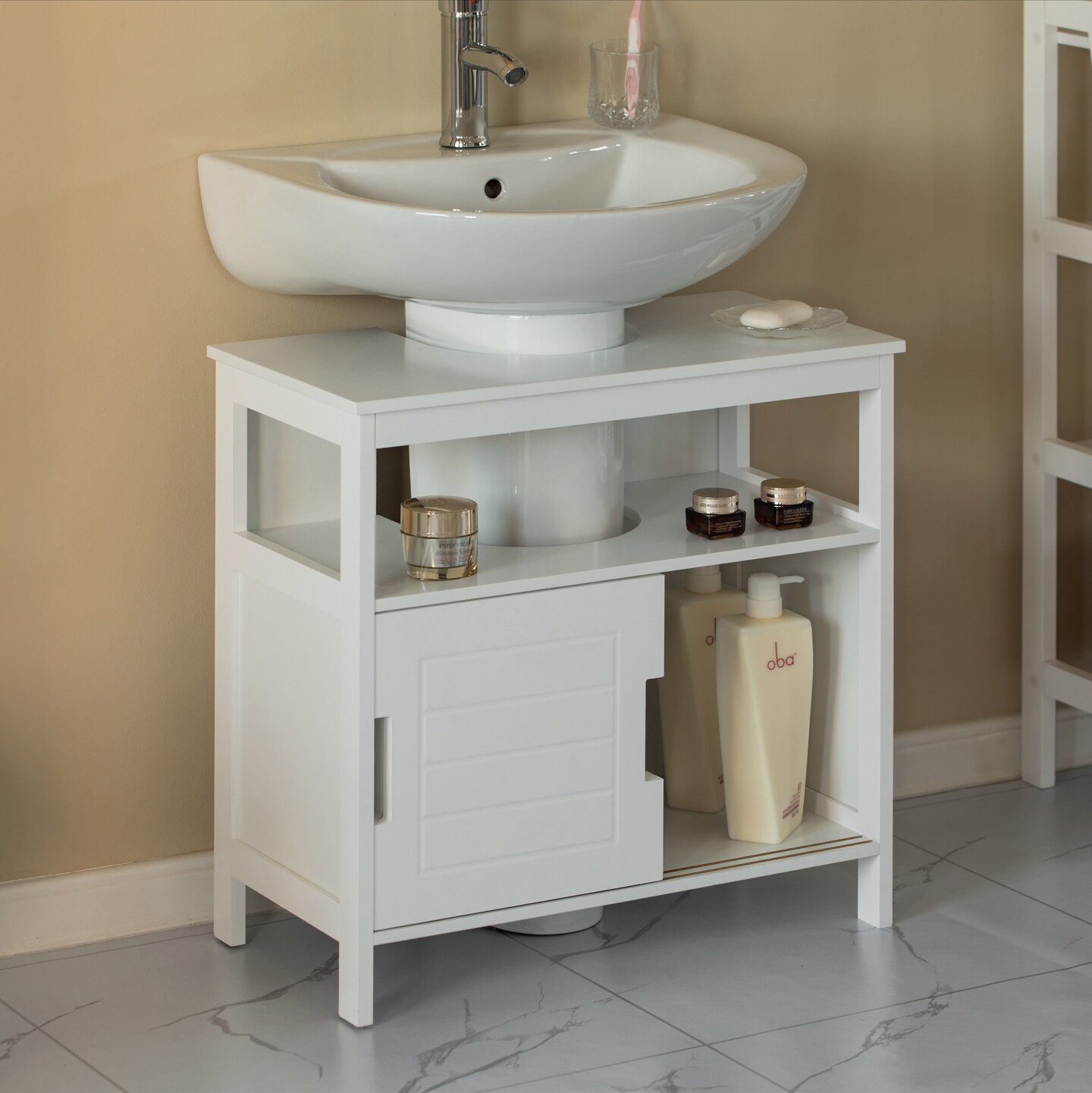 White Vanity Sink Base 2 Door Cabinet Storage U Shape Organizer, Rolling Doors, and Open Shelf