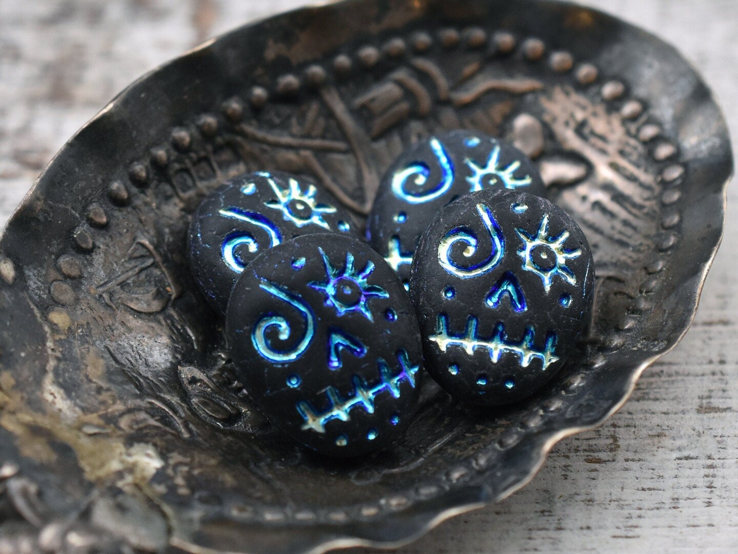 *4* 15x13mm Blue Metallic Washed Matte Black Voodoo Face Beads